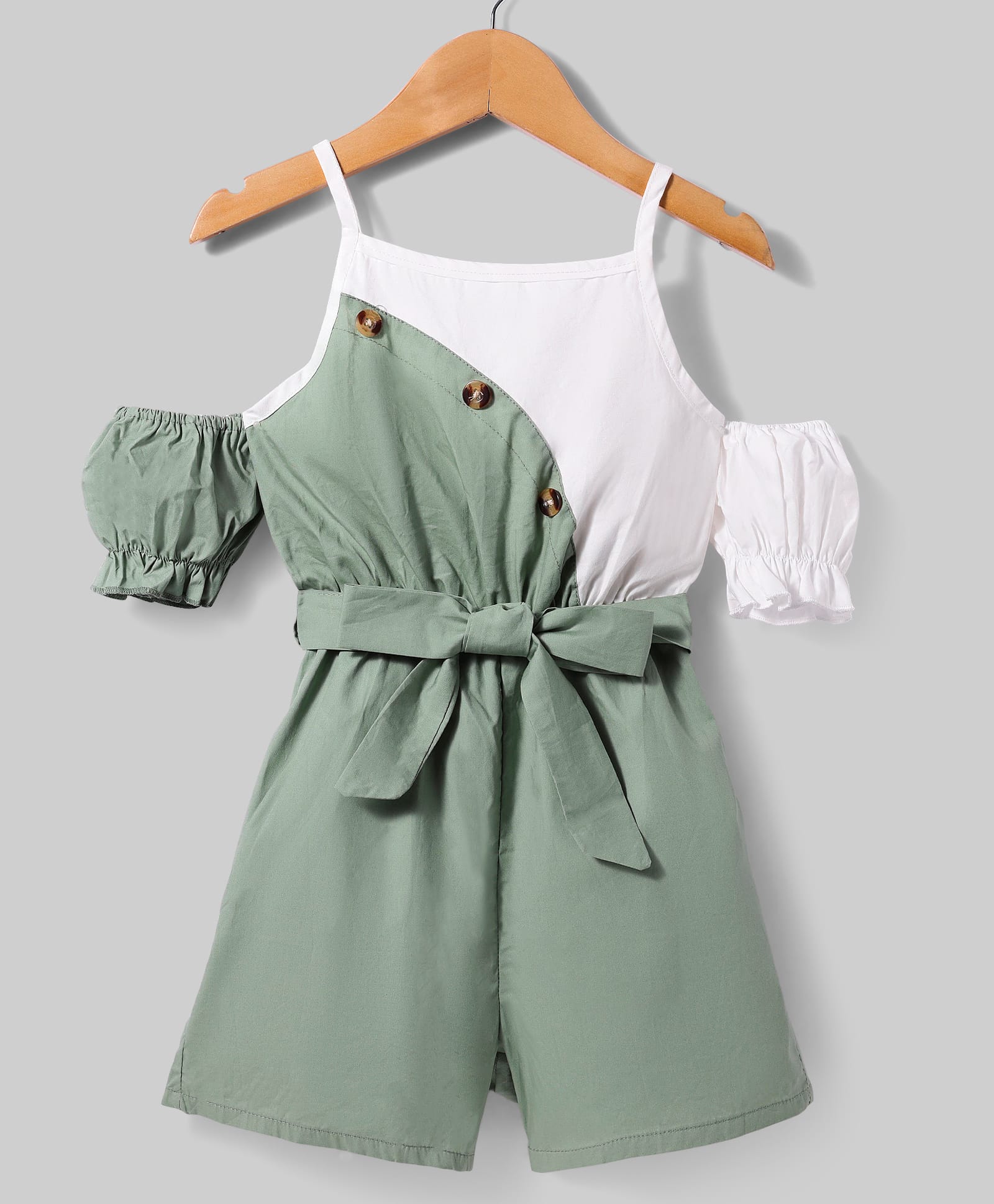 Kookie Kids Cotton Singlet Cold Shoulder Sleeves Cut & Sew Jumpsuit - Green-picture-25