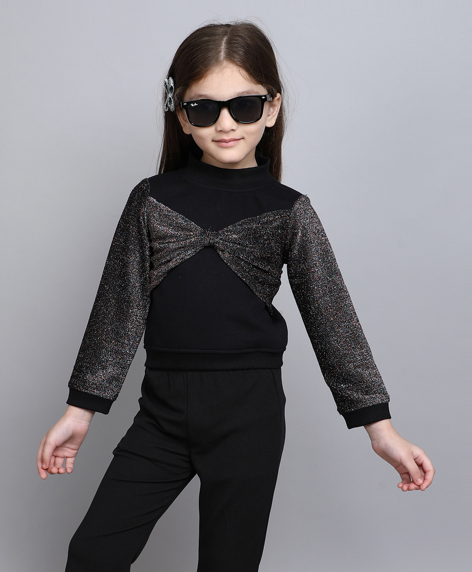 Taffykids Cotton Blend Full Sleeves Lurex Zari Bow Detailed Sweatshirt- Black & Multi Colour-picture-11