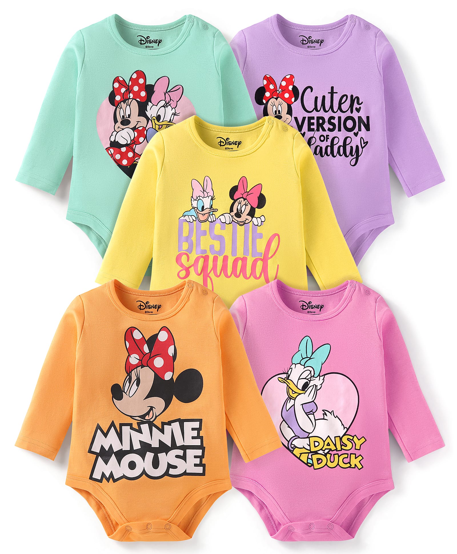 Babyhug Disney Interlock Knit Full Sleeves Onesies with Minnie Mouse & FriendsPrint Pack of 5 - Yellow Pink & Orange-image-5
