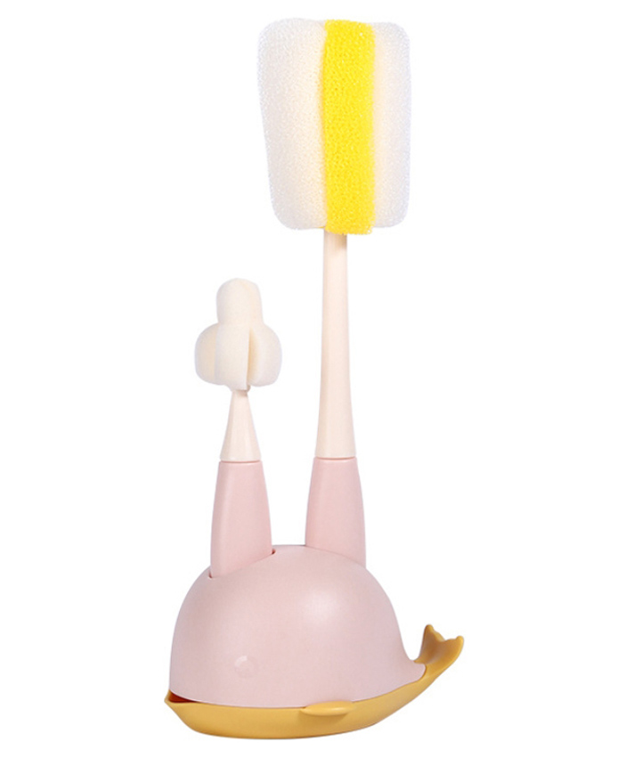 2 in 1 Bottle & Nipple Cleaning Brush with Whale Shape Stand - Pink| Scratch Resistant| Sponge Bristles| Drip Tray| Ergonomic Handle-image-2