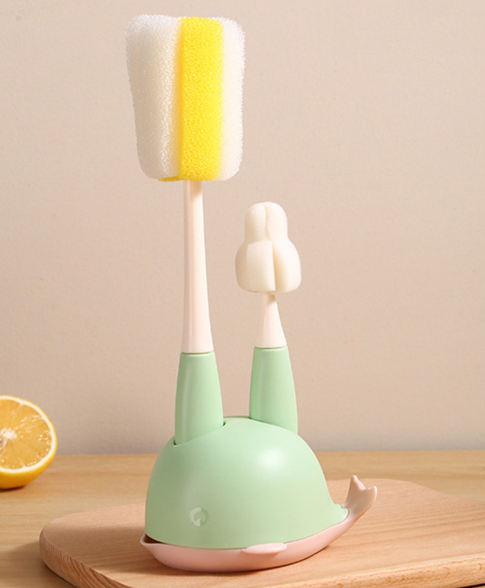 fab n funky 2 in 1 Bottle & Nipple Cleaning Brush with Whale Shape Stand - Green| Scratch Resistant| Sponge Bristles| Drip Tray| Ergonomic Handle-picture-17