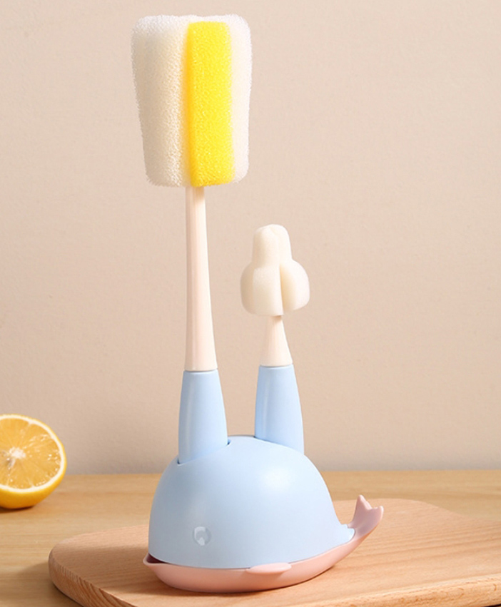 fab n funky 2 in 1 Bottle & Nipple Cleaning Brush with Whale Shape Stand - Blue| Scratch Resistant| Sponge Bristles| Drip Tray| Ergonomic Handle-picture-23