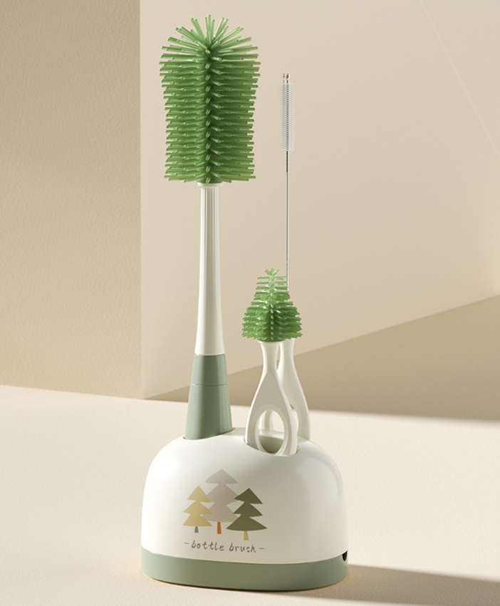 3 in 1 Bottle & Nipple Cleaning Brush with Stand - Green| Scratch Resistant| Silicone Bristles| Straw Cleaning Brush| Ergonomic Handle| Drip Tray