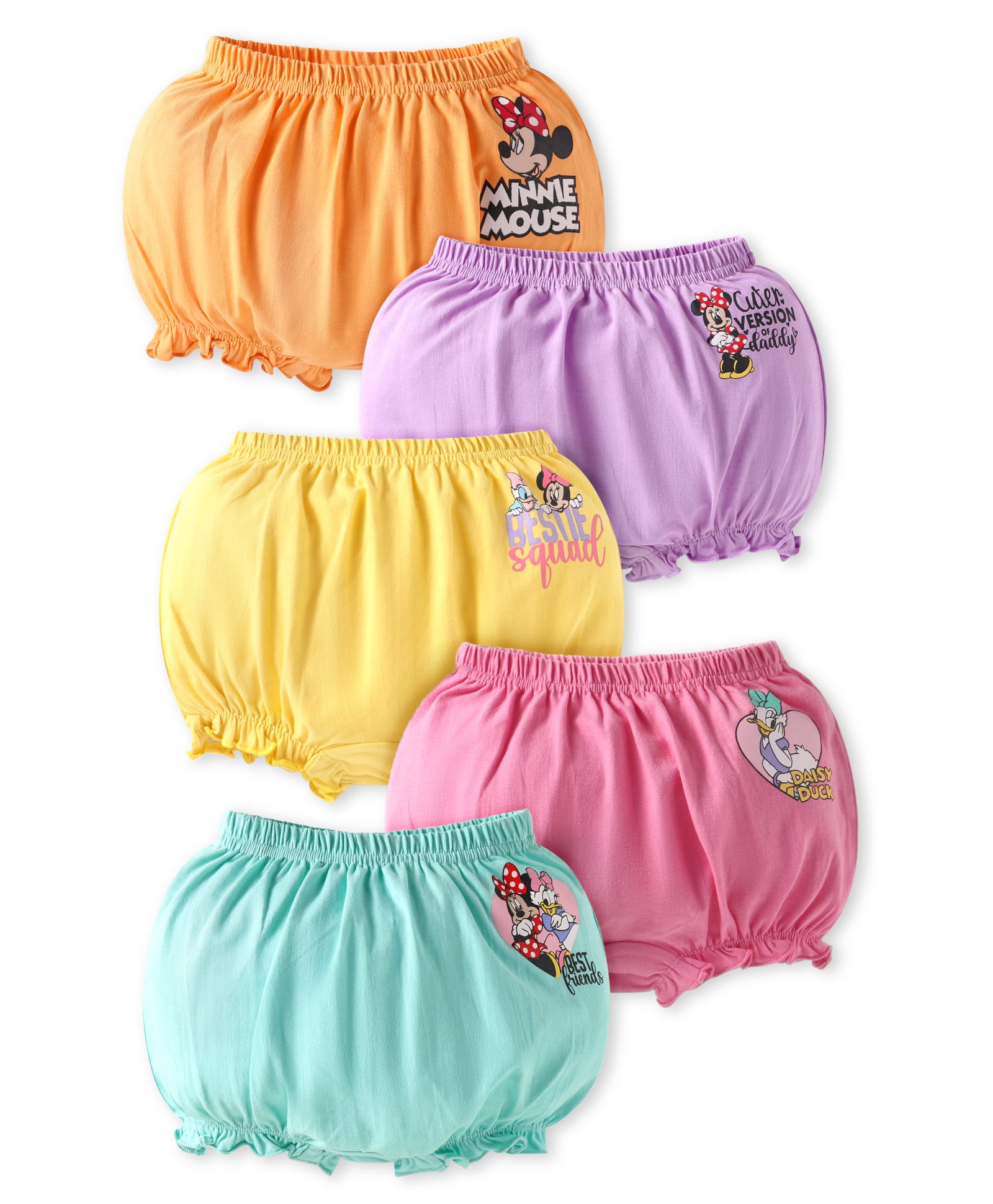 Babyhug Disney Lycra Knit Bloomers With Minnie Mouse Graphics Pack of 5 - Pink Yellow & Blue-image-0