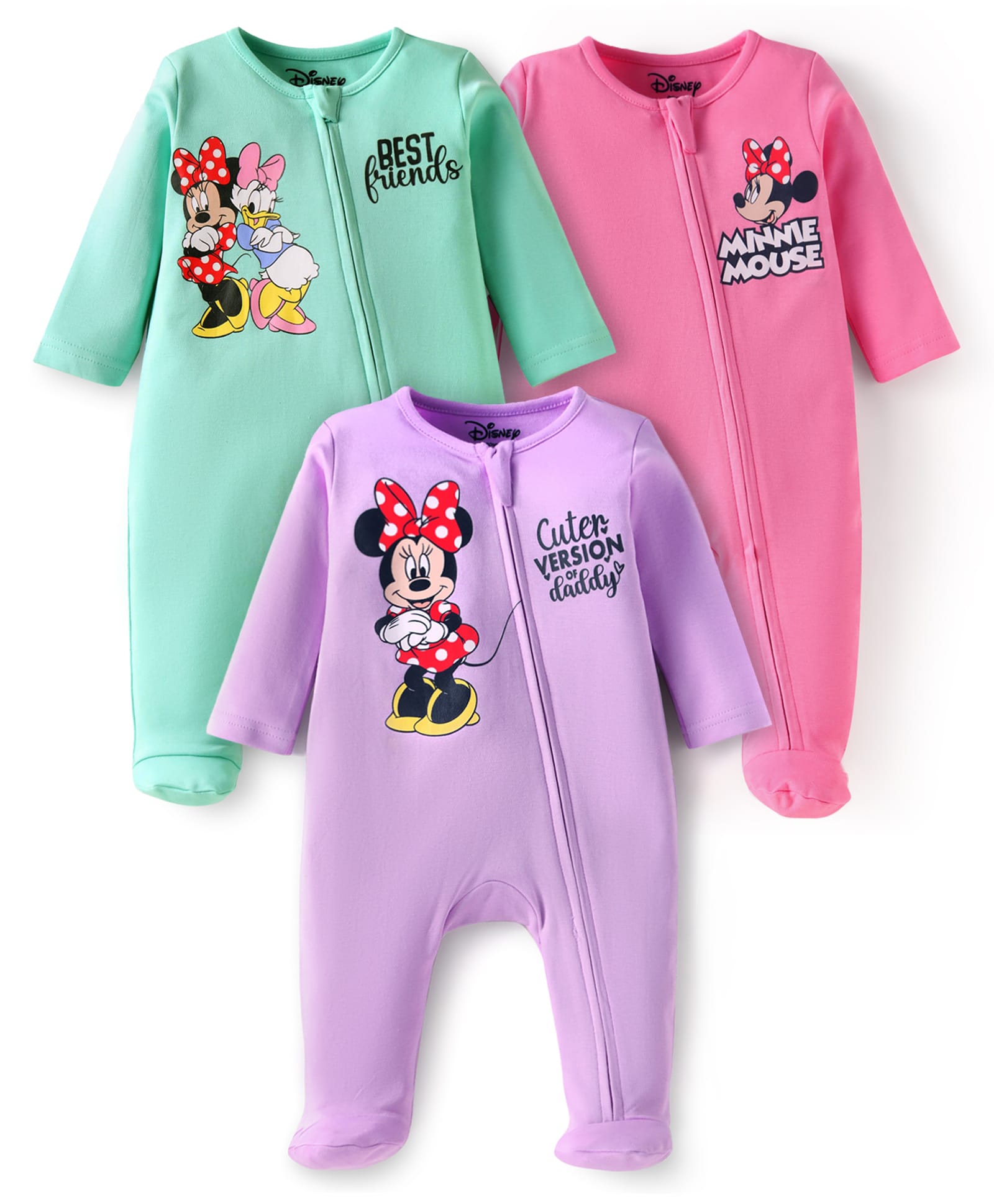 Babyhug Disney Interlock Knit Full Sleeves Footed Sleep Suits With Minnie & Friends Graphics Pack of 3 - Purple Pink & Green-image-42