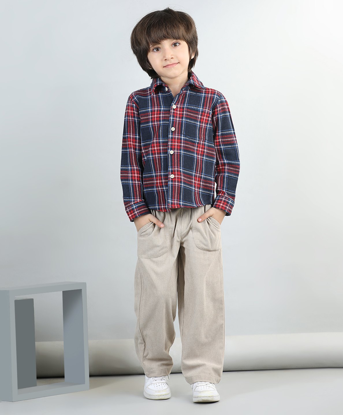 Aww Hunnie Woollen Blend Full Sleeves Checked Shirt With Solid Corduroy Trousers - Beige-picture-26