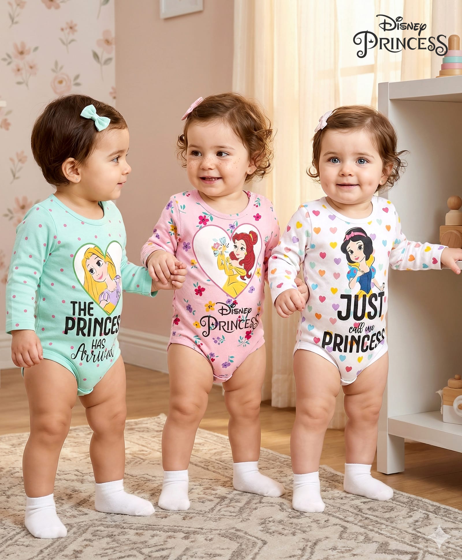 Babyhug Disney Interlock Knit Full Sleeves Onesies with Disney Princess Graphics Pack of 3 - Mint Green White & Pink-image-36