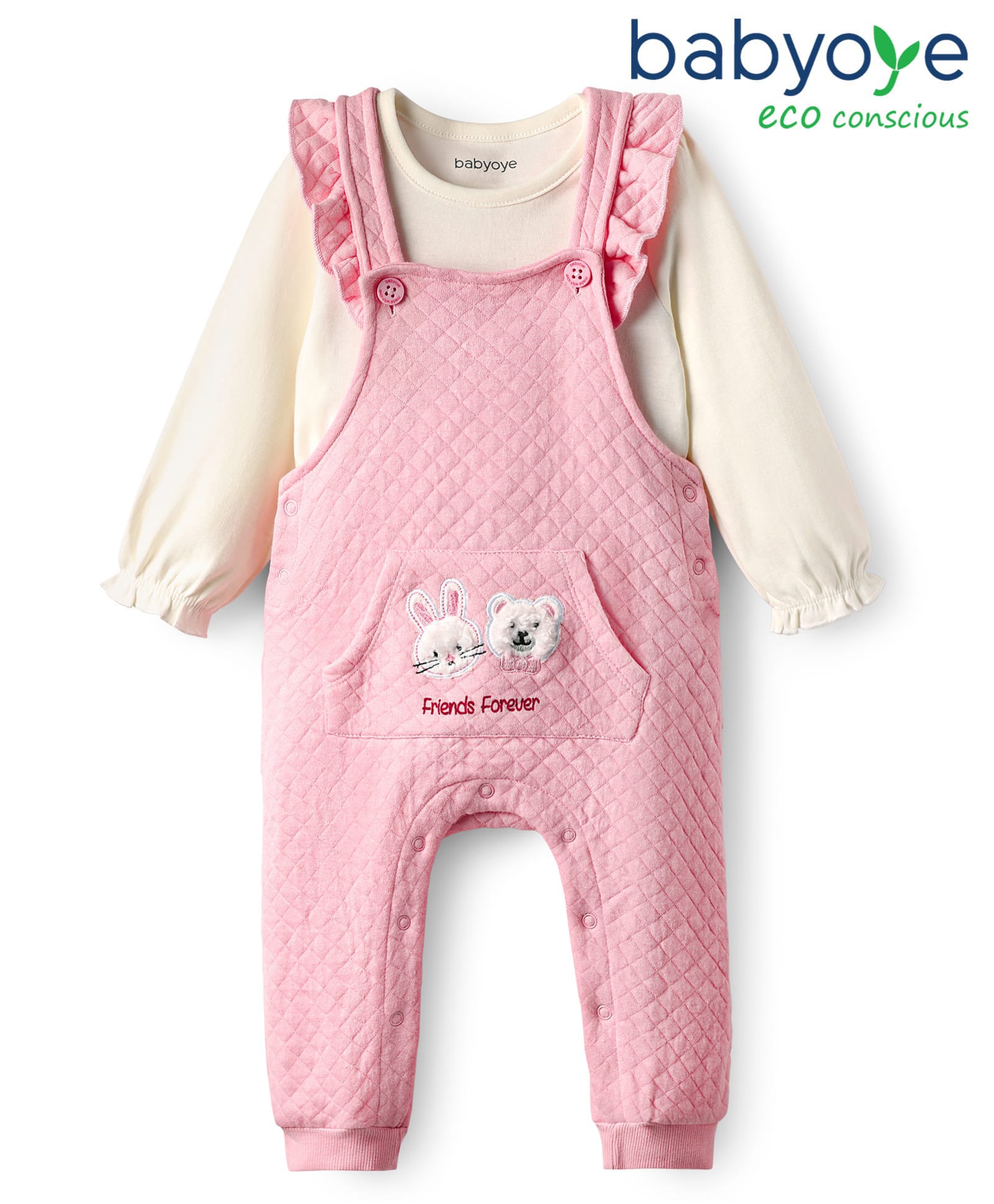 Babyoye 100% Cotton Knit Solid Dyed Full Sleeves T-Shirt & Dungaree With Text Print - Pink-picture-13