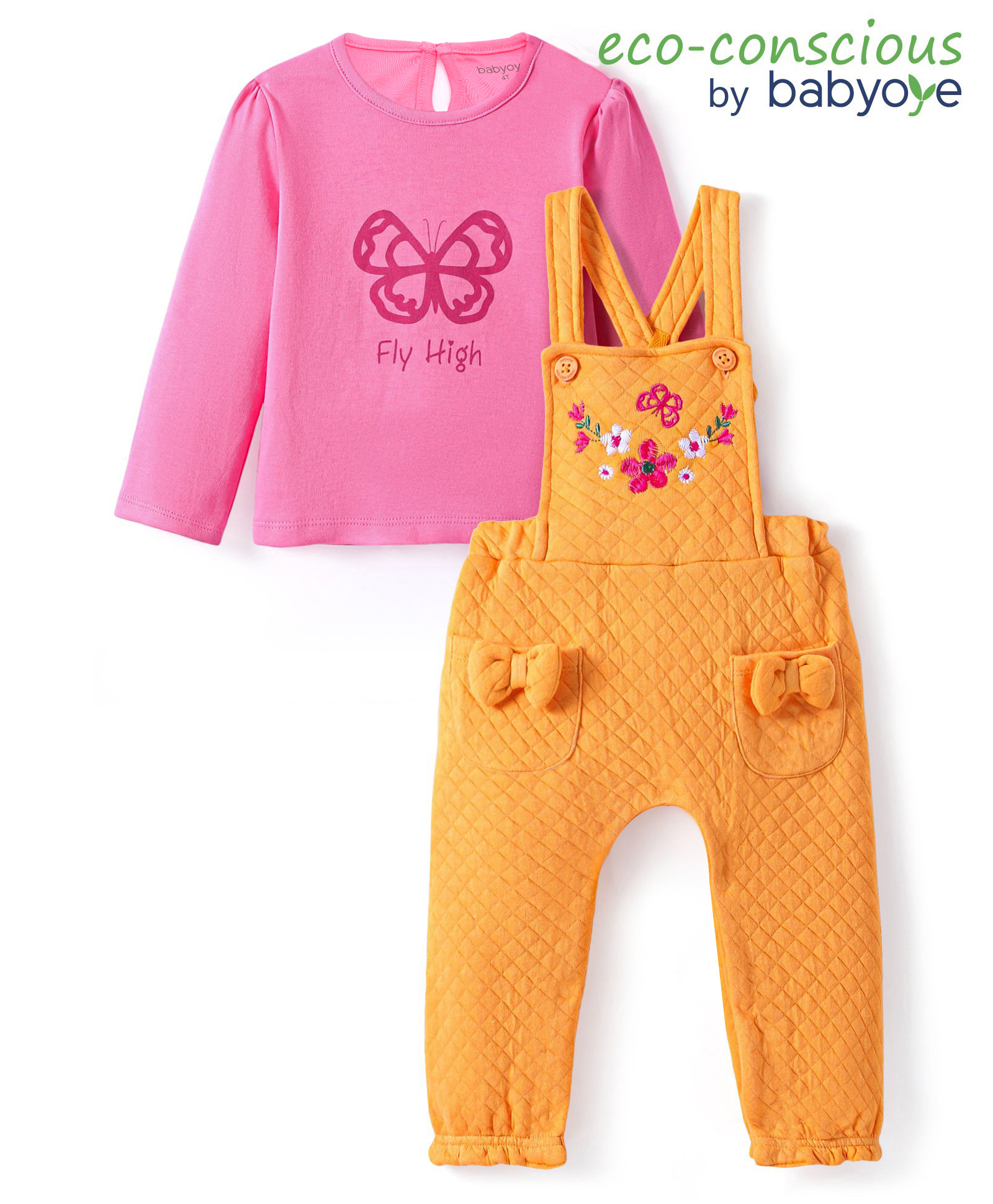 Babyoye Eco Conscious100% Cotton Knit Solid Dyed Full Sleeves Butterfly Printed T-Shirt & Floral Embroidered Dungaree Style Romper - Orange & Pink-image-36