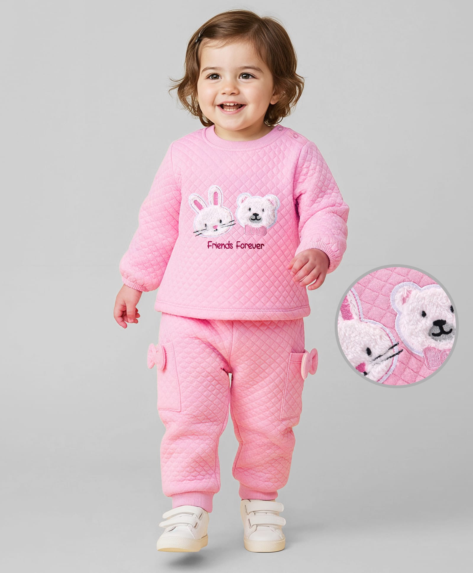 Babyoye 100% Eco Conscious Cotton Full Sleeves Quilted T-Shirt & Lounge Pants Winter Wear Suit With Teddy & Bunny Applique - Pink-image-29