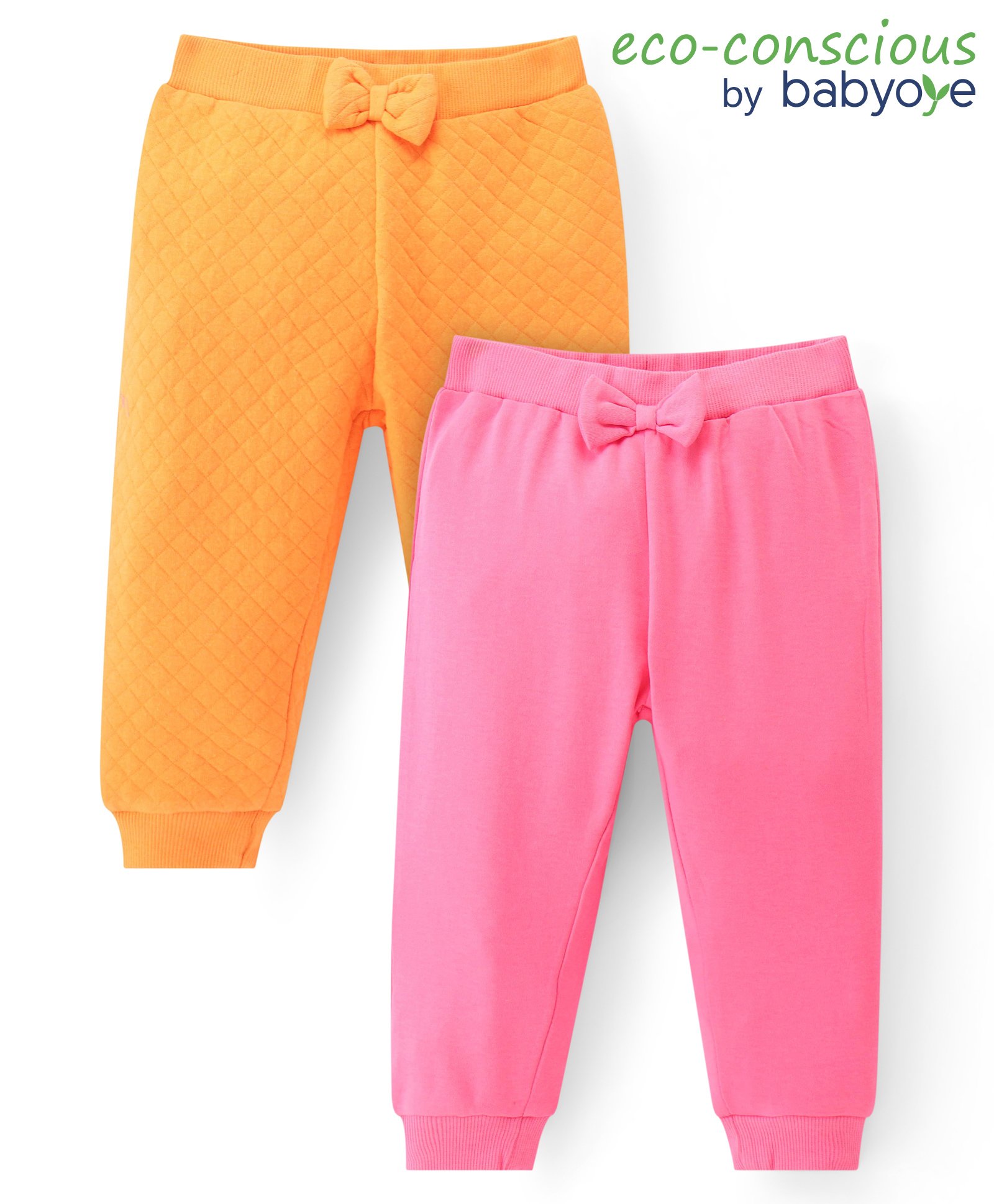 Babyoye 100% Cotton Knit Full Length Eco Conscious Solid Dyed Leggings with Bow Applique Pack of 2 - Orange & Pink-picture-14
