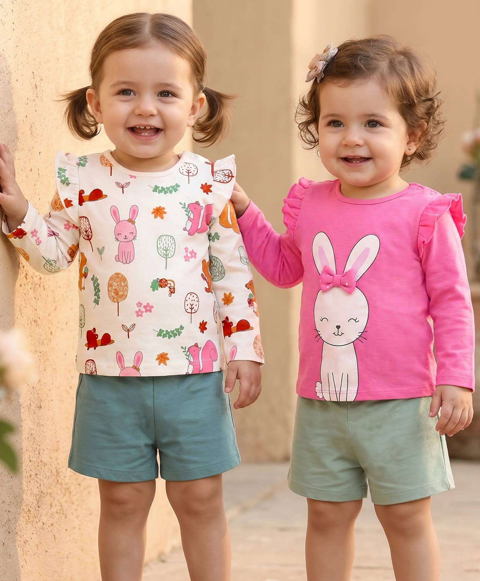 Babyoye Eco Conscious 100% Cotton Knit Full Sleeves Tops With Bunny Print Pack of 2 - White & Dark Pink-image-44