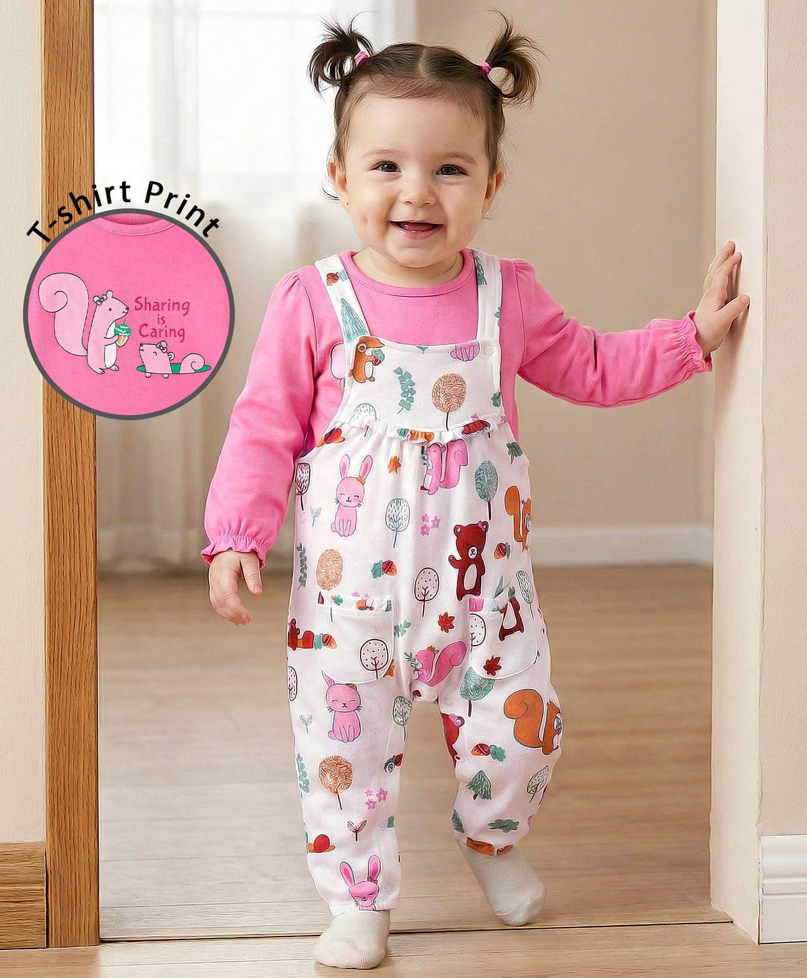 Babyoye Eco Conscious100% Cotton Knit FullSleeves Animal Printed T-Shirt & Dungaree Style Romper - White & Pink