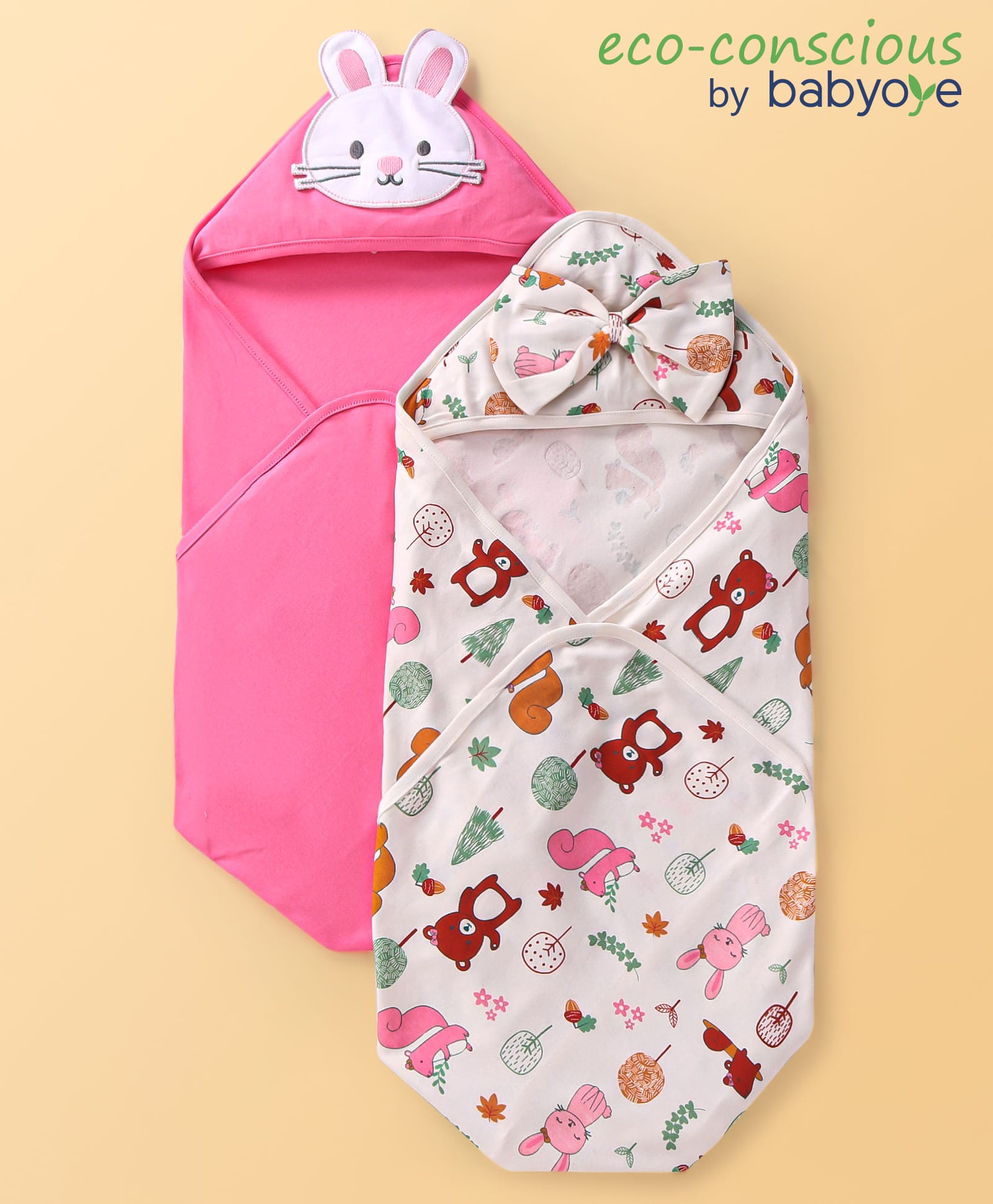 Babyoye Eco Conscious100% Cotton Knit Hooded Towel & Wrappers With Bow Applique & Animal Print Pack of 2 L 83 x B 80 cm -Dark Pink & White-picture-16