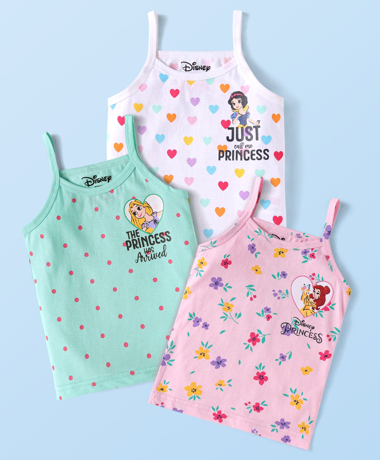 Babyhug Disney Cotton Lycra Knit Singlet Sleeves Slips with Disney Princess GraphicPack Of 3 - White Pink Light Blue-image-47