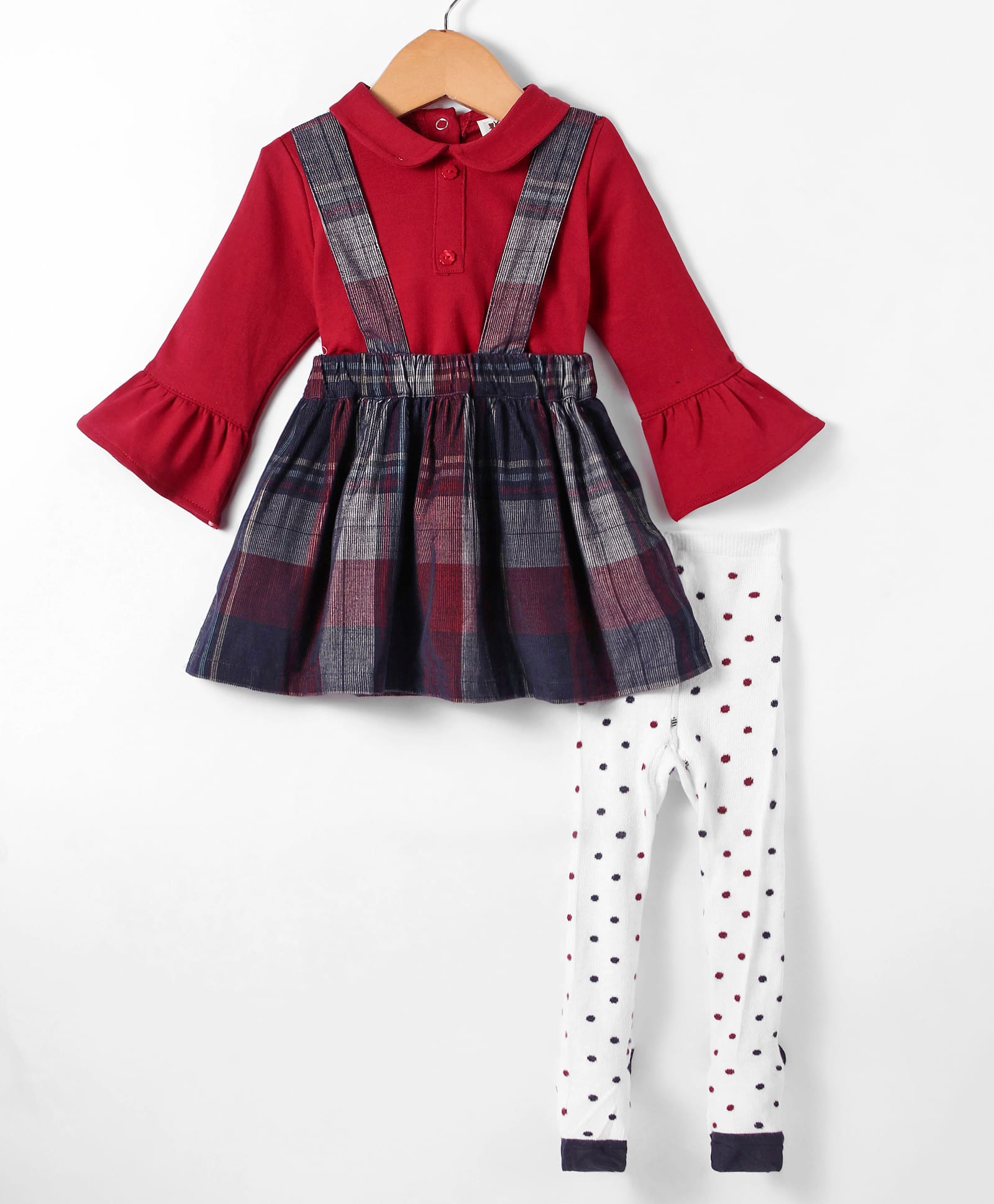 ToffyHouse 100% Cotton Knit Full Sleeves Solid Peter Pan Collared Top with Checkered Skirt & Polka Dots Printed Leggings - Dark Red-image-37