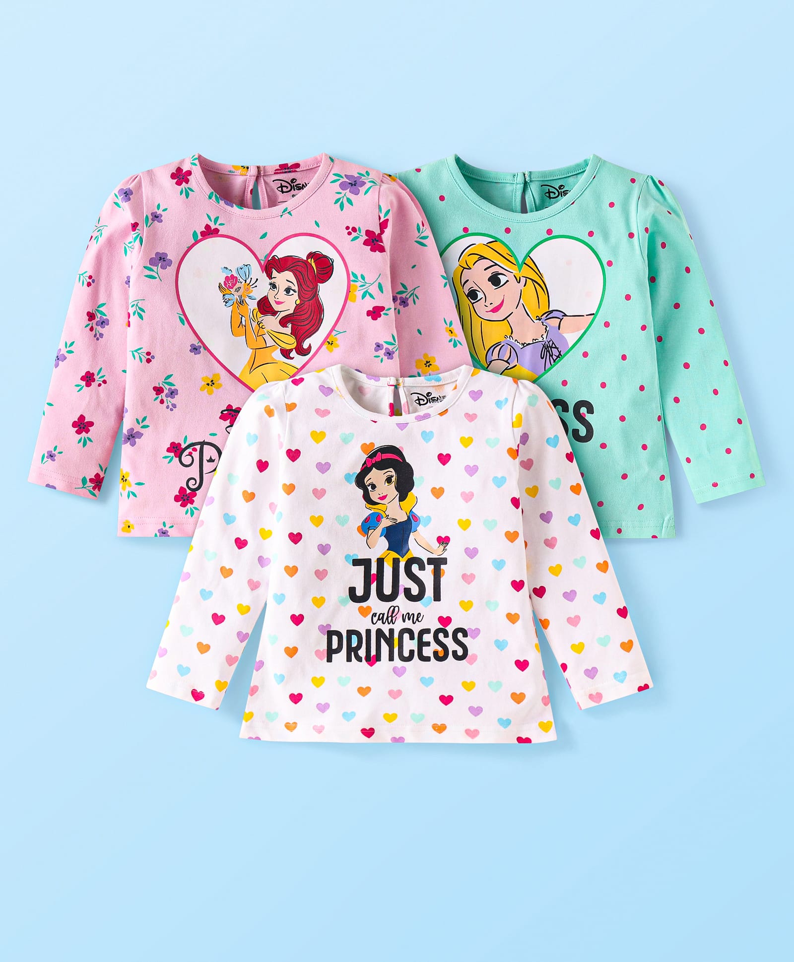 Babyhug Disney Single Jersey Knit Full Sleeves Tops with Disney Princes Graphics Pack of 3 - Pink Light Green & White-image-33