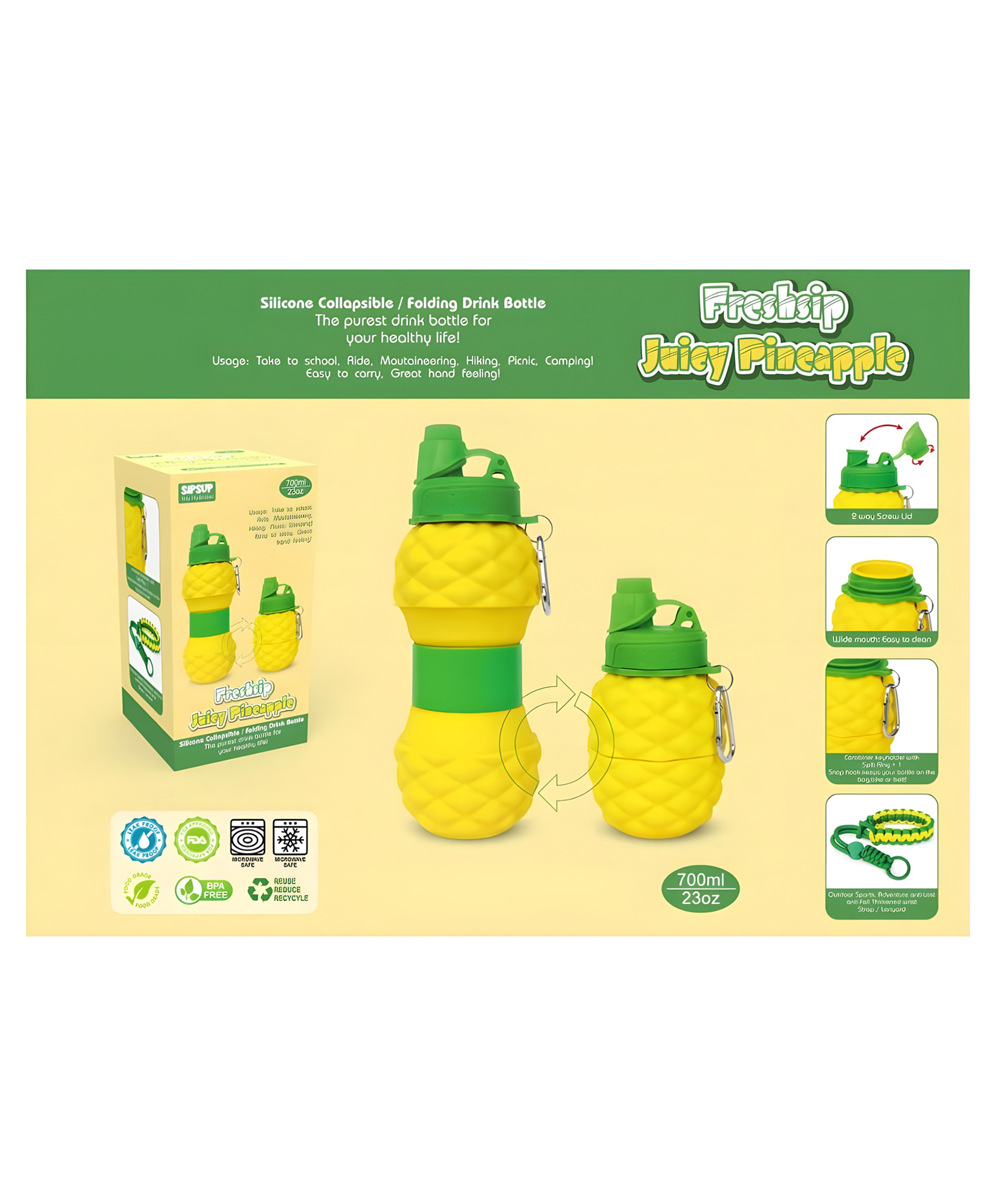 YAMAMA Water Bottle Freshship Juicy Pineapple Design Silicone Collapsible Folding Drink Bottle Washable Water Bottle 700 ml - Multicolor-image-0
