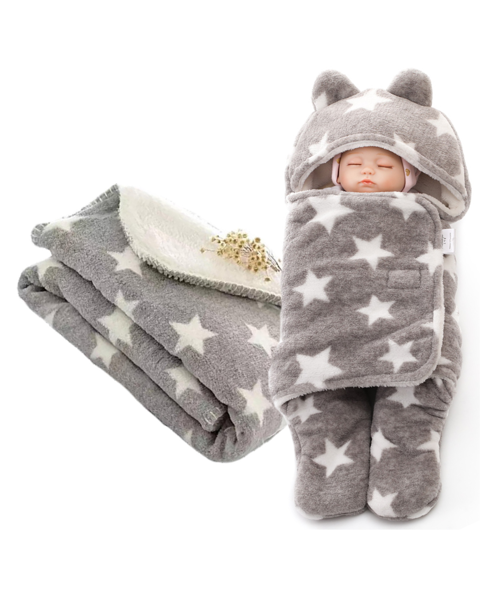 Brandonn Hooded Wearable Blanket & Bedding Crib Blanket Pack of 2 Star Print - Grey-image-1