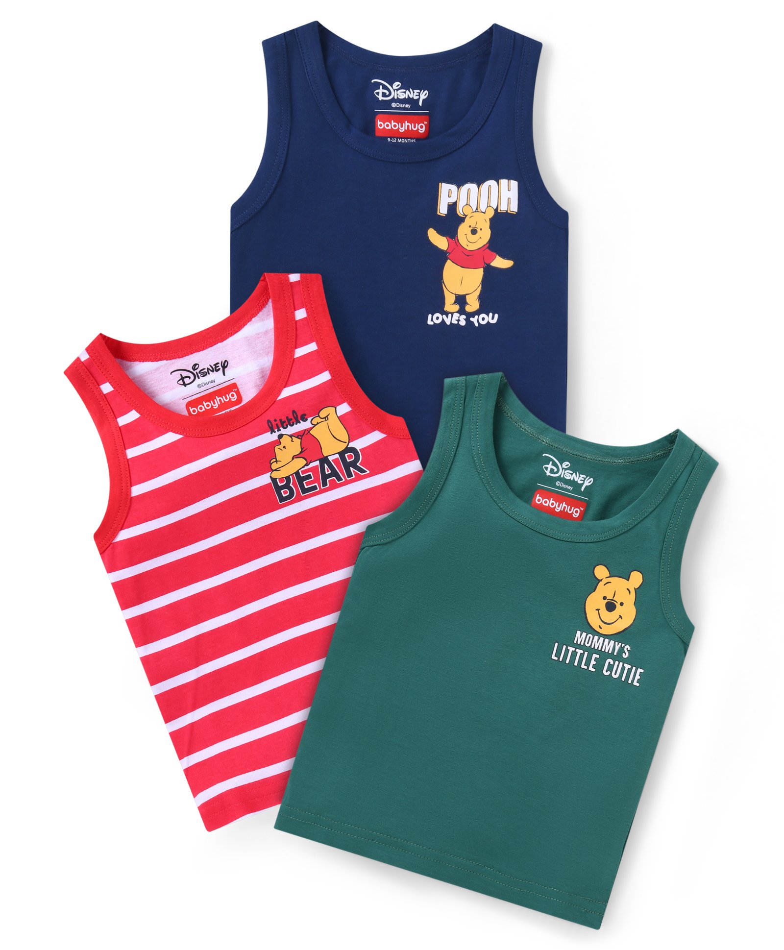 Babyhug Disney Lycra Knit Sleeveless Set of Vets with Winnie The Pooh Graphics Pack of 3 - Red Blue & Green-image-19