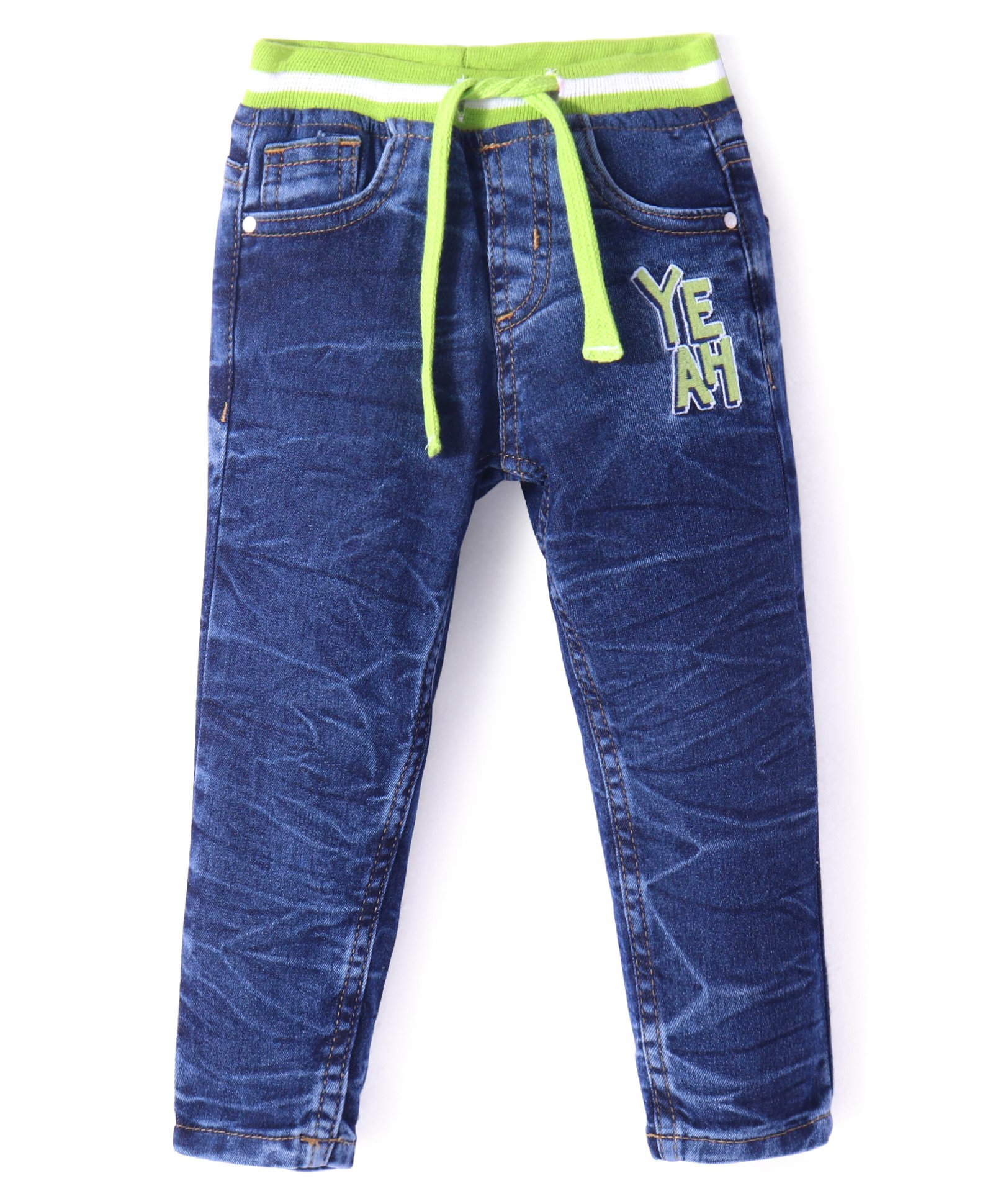 Babyhug Denim Full Length Washed Jeans with Stretch Text Print - Navy-picture-35