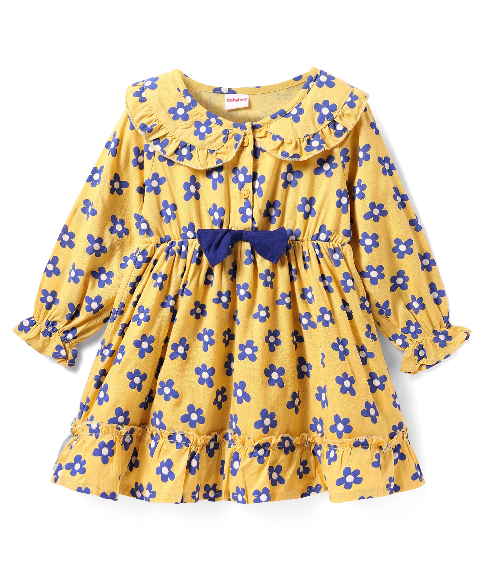 Babyhug Viscose Woven Full Sleeves Floral Printed Frock with Peter Pan Collar & Bow Detailing - Yellow-picture-26