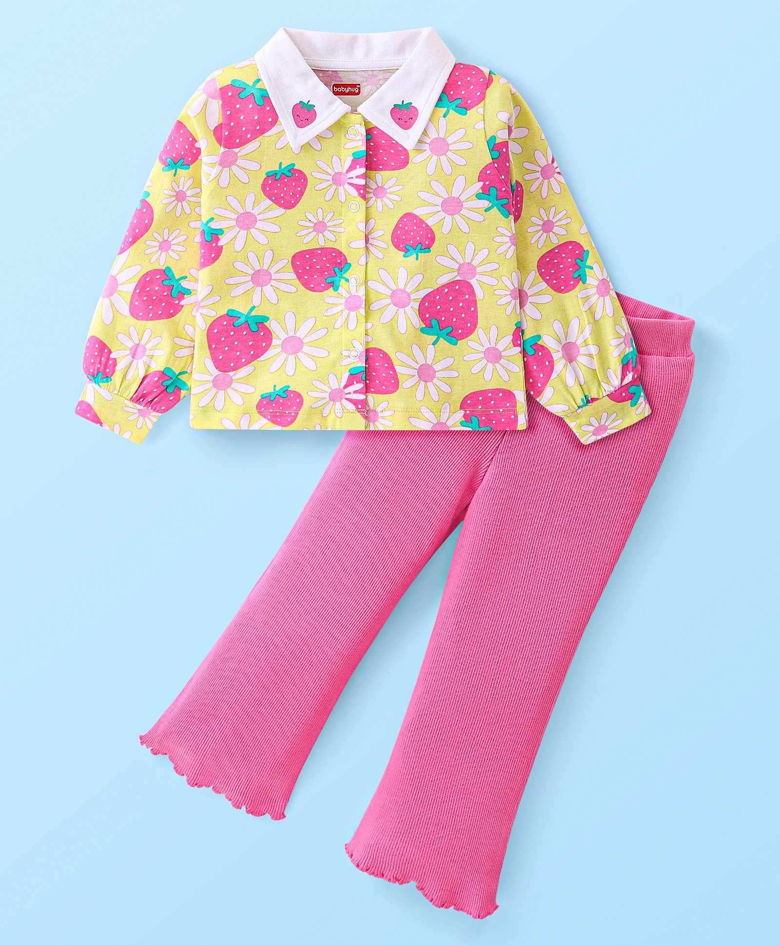 Babyhug Single Jersey Knit Full Sleeves Collared Top & Pant Set with Strawberry Print - Yellow & Pink-image-24