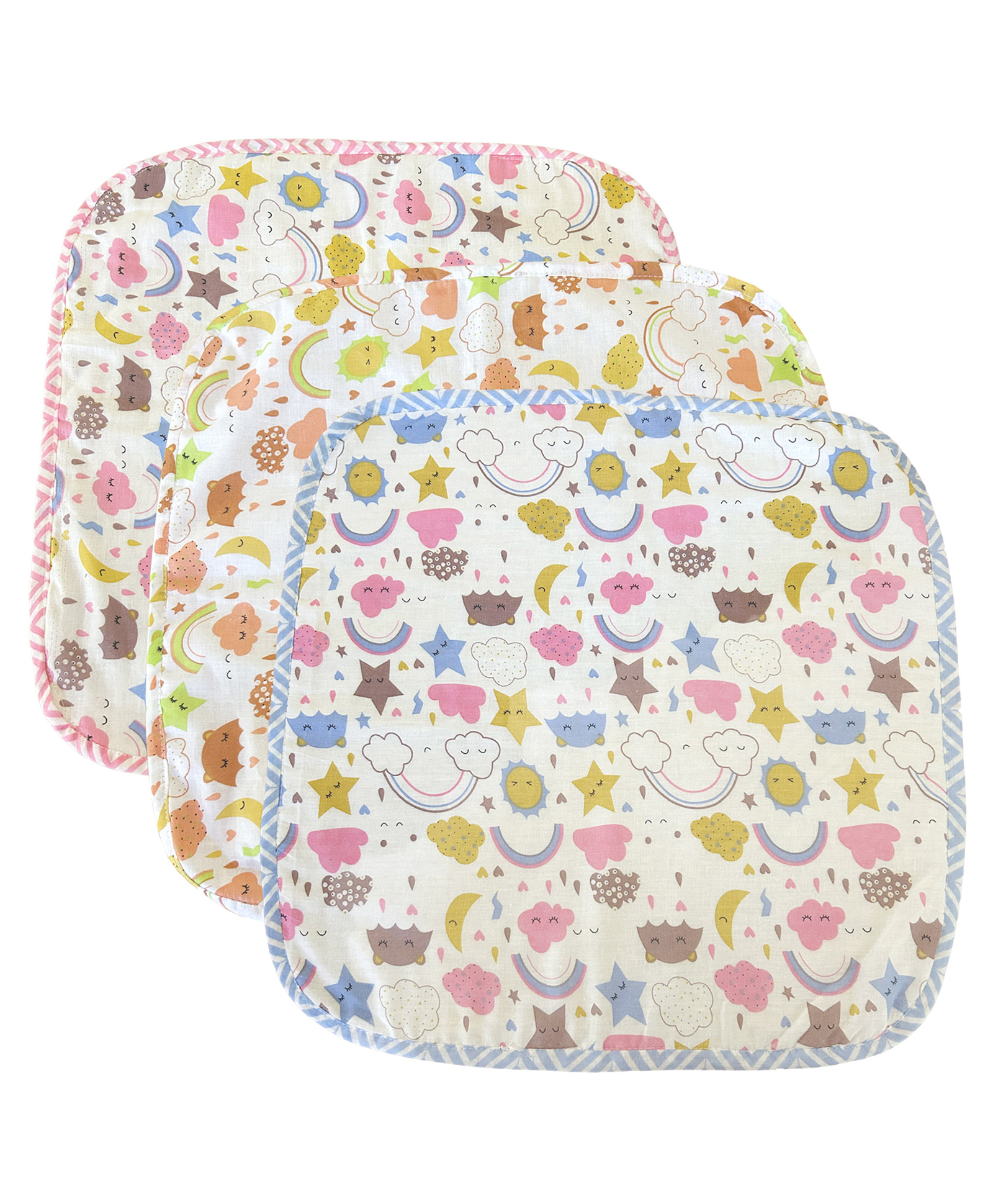 Trance Home Linen Pure Cotton 3-Layered Multipurpose Baby Burp Cloth | Baby Receiving Cloth | Skin-friendly Reusable | Cotton Baby Burping Towel (Pack of 3, 40x40 cm, Stars & Clouds)-picture-6