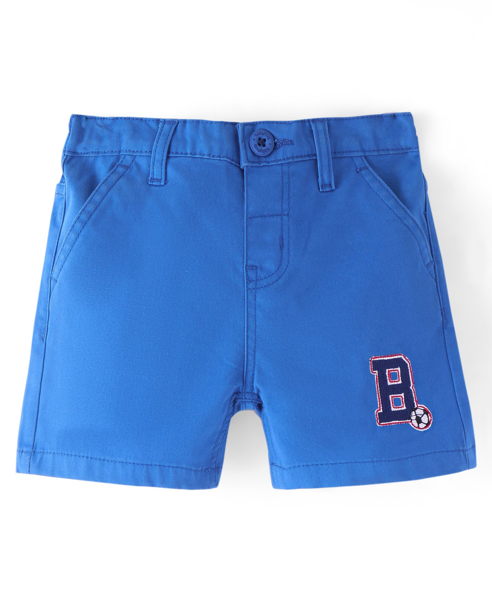 Babyhug Twill Woven Mid Thigh Stretchable Text Embroidered Solid Color Shorts - Blue-image-33
