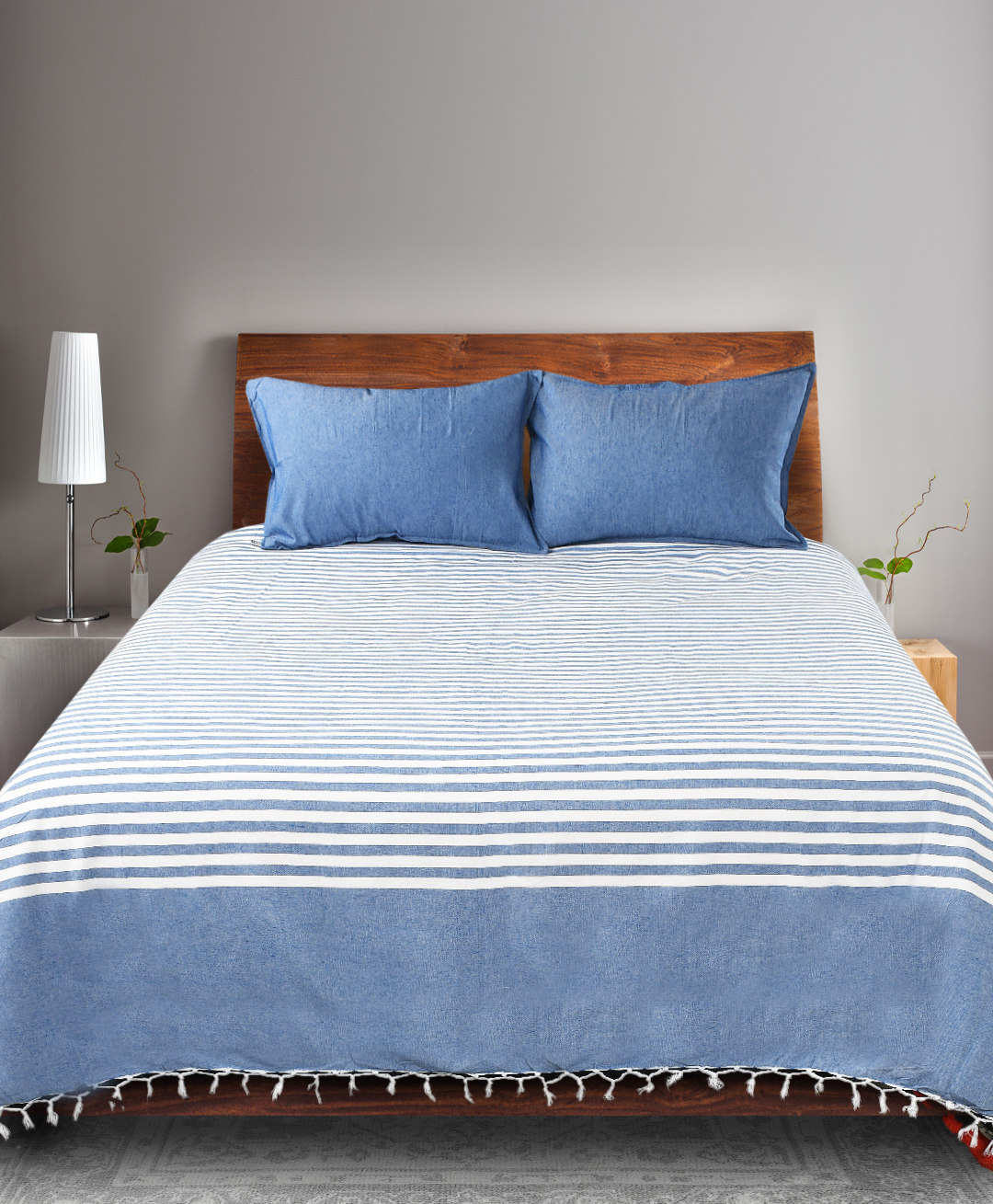 Saral Home Cotton Striped Queen Size Bedsheet with 2 Pillow Covers Blue-image-25