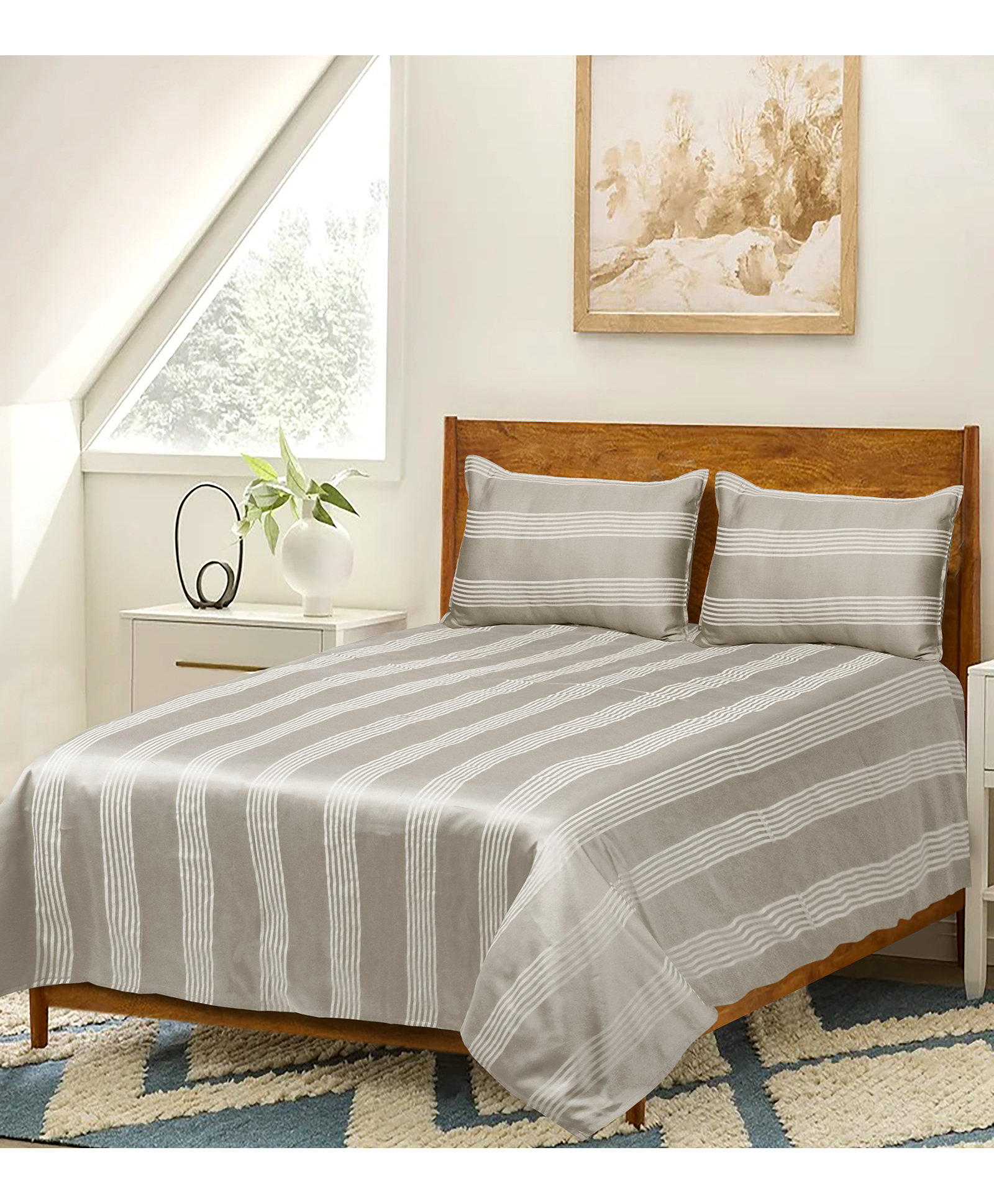 Saral Home Dhari Soft Satin Weave 100% Cotton 300 Self Pattern Bed Sheet in Size (Queen 90x100 Inches) with Pillow Cover (17x27 Inches)-image-2