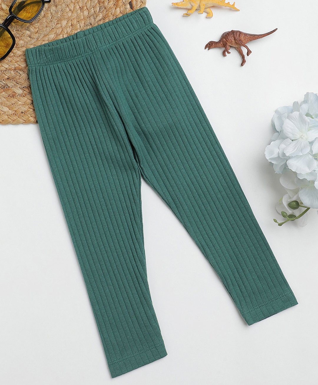 Milou Cotton Solid Bio Washed Ribbed Detailed Leggings - Green-picture-34
