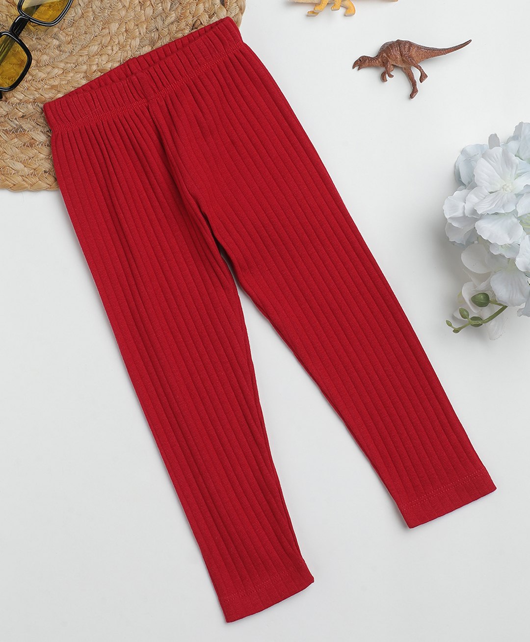 Milou Cotton Solid Bio Washed Ribbed Detailed Leggings - Red-picture-35