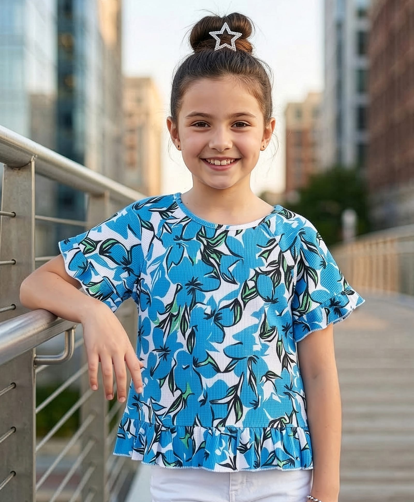 Pine Kids Cotton Knit Half Sleeves Top with Floral Print - Blue & White-image-13