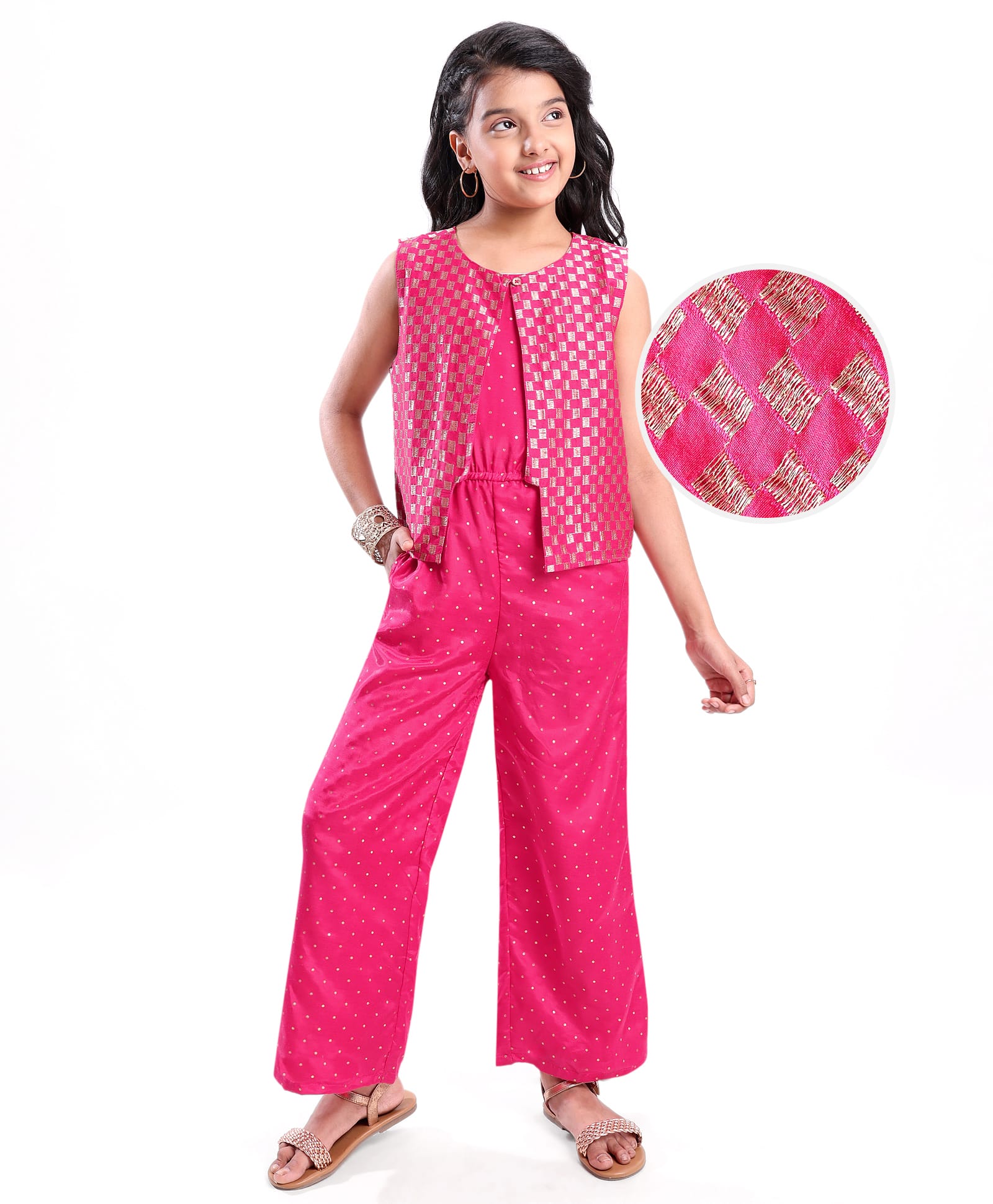 Pine Kids Woven Sleeveless Jumpsuit & Jacket Indo Western Sets with Checkered Embroidery & Polka Dot Foil Print - Dark Pink-image-15
