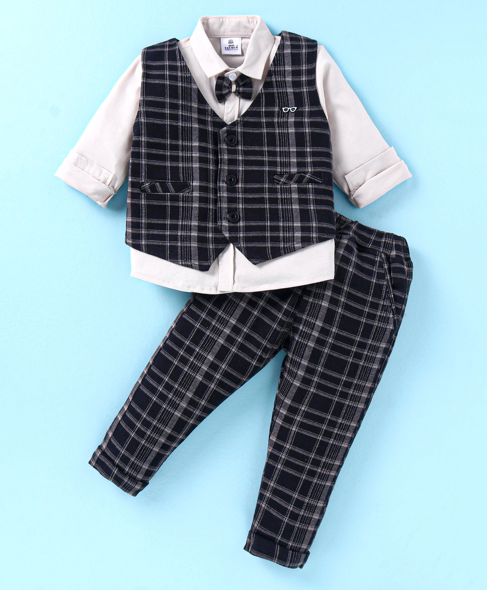 Mini Taurus Sinker Knit Full Sleeves 3 Piece Checkered Party Suit with Suspender & Attached Bow - Black-image-49