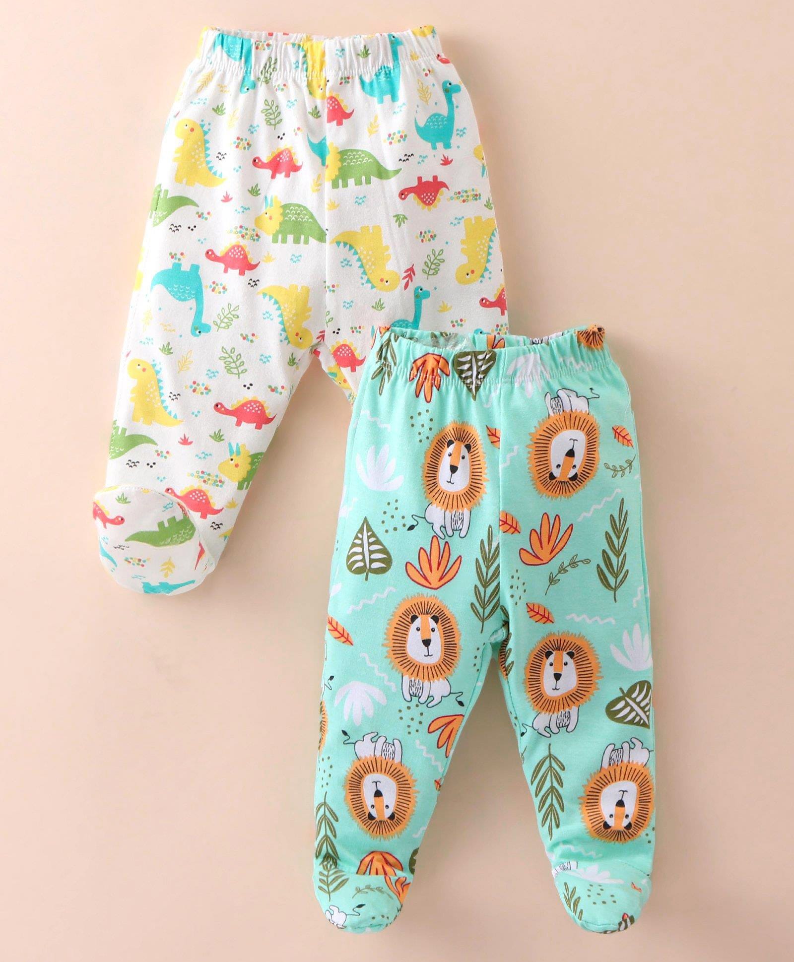 OHMS Single Jersey Knit Footed Bootie Leggings With Lion & Dinosaurs Print Pack Of 2 - Light Blue & Off White-image-35