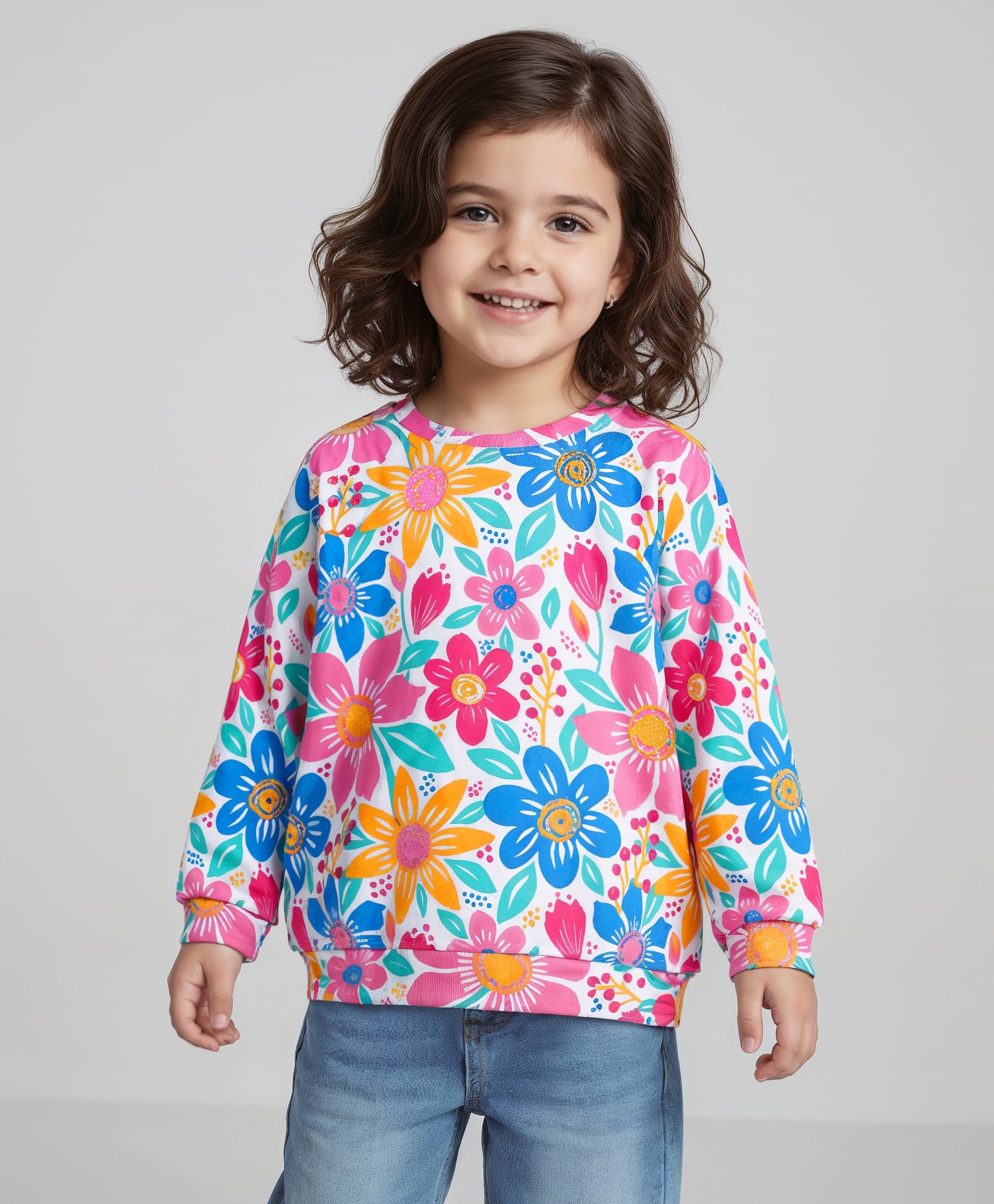 Babyhug Cotton Knit Full Sleeves Sweatshirt with Floral Print - White
