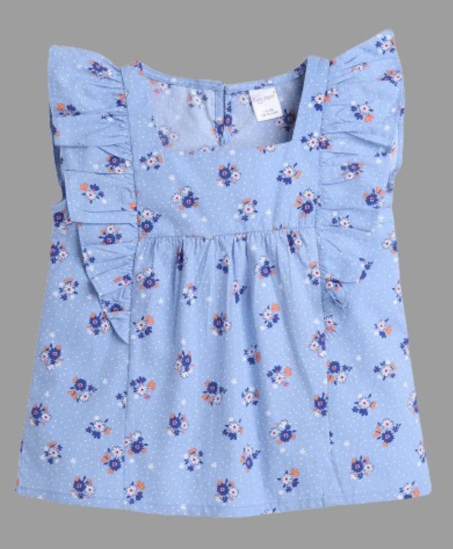Funshine Cotton Frill Sleeves Floral Printed Top - Blue-image-45