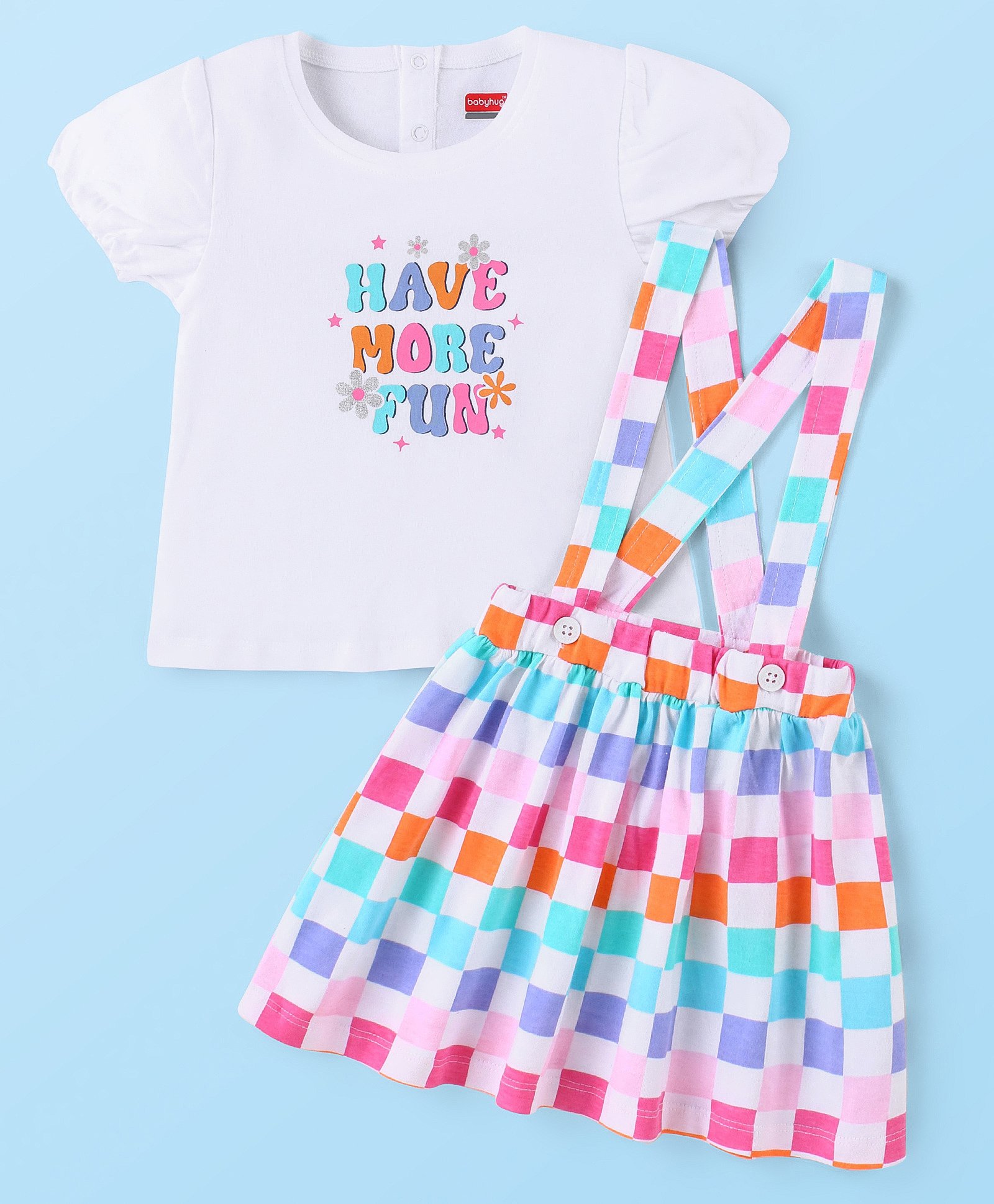 Babyhug Cotton Knit Half Sleeves Text Printed Top & Checkered Skirt With Suspender - Multicolor-image-32