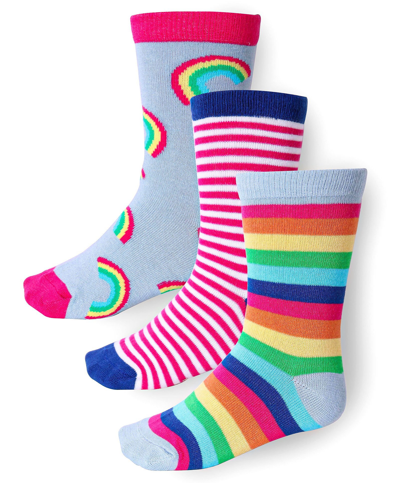 Cute Walk by Babyhug Cotton Lycra Knit Anti-bacterial Socks Stripes & Rainbow Design Pack of 3 - Pink & Blue-image-48