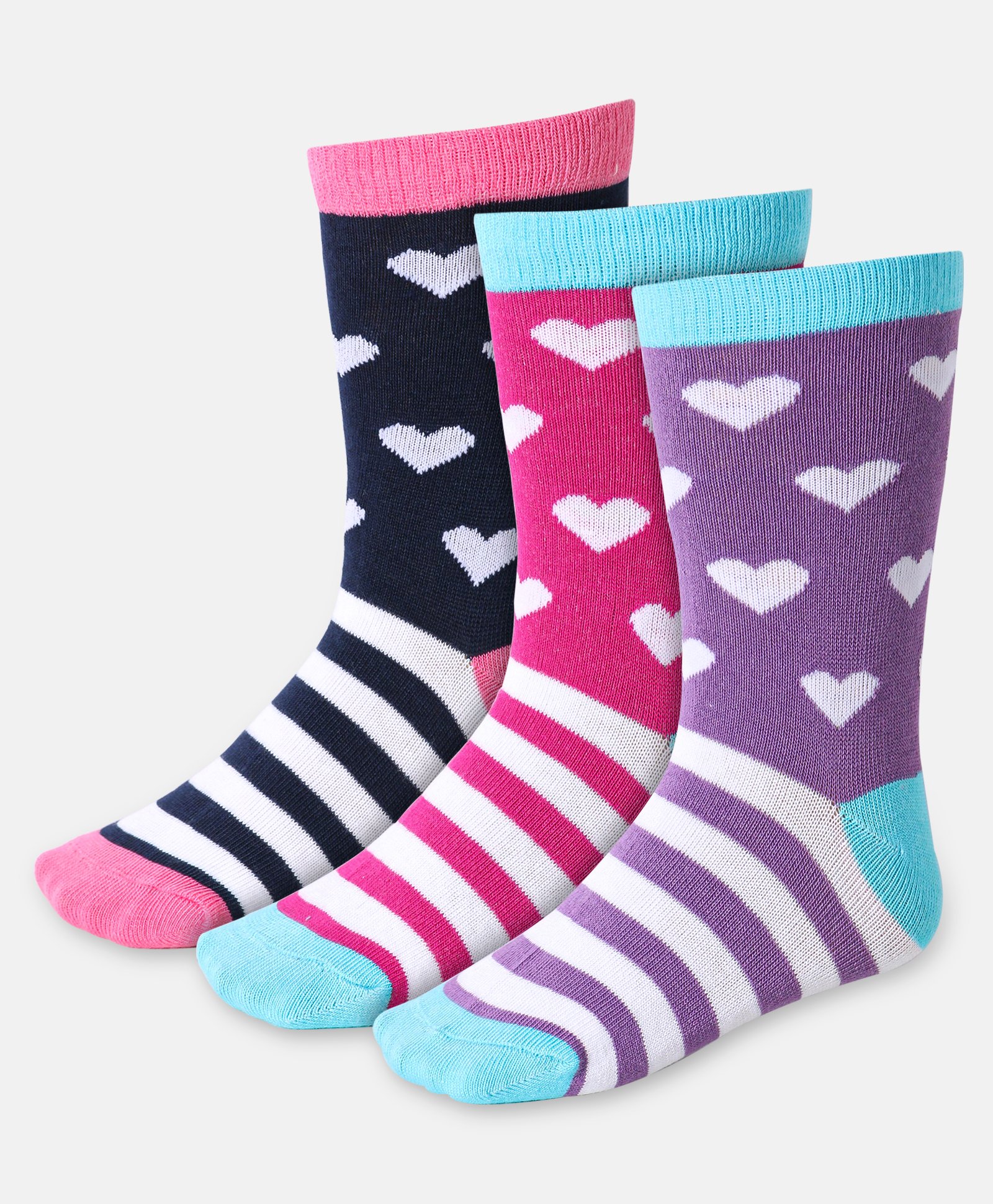 Cute Walk by Babyhug Cotton Lycra Knit Anti-bacterial Ankle Length Socks Heart & Strips Design Pack of 3 - Black Pink & Purple-image-38