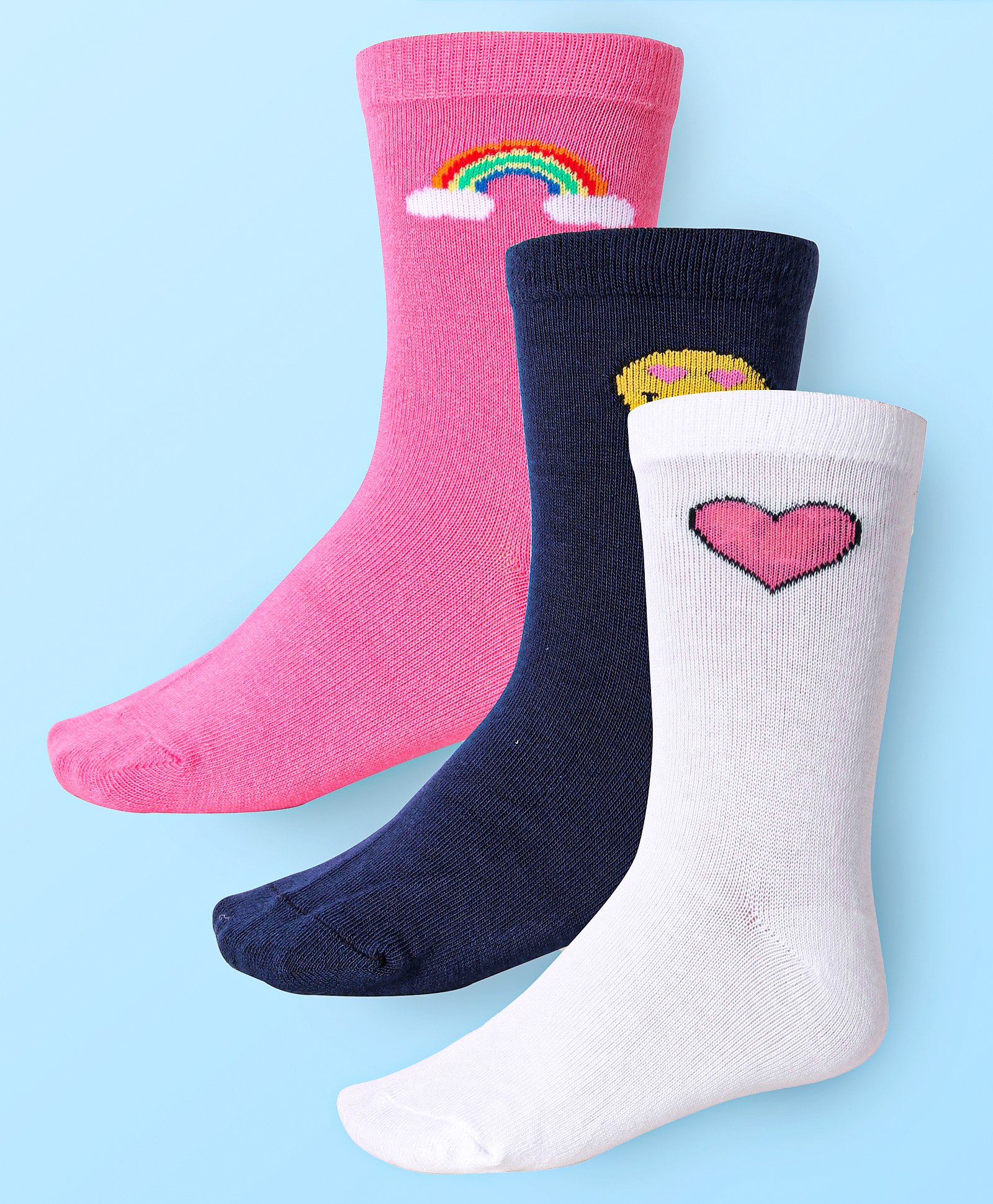 Cute Walk by Babyhug Cotton Lycra Knit Anti-bacterial Socks Heart Smile Emoji & Rainbow Design Pack of 3 - Pink White & Black-image-29