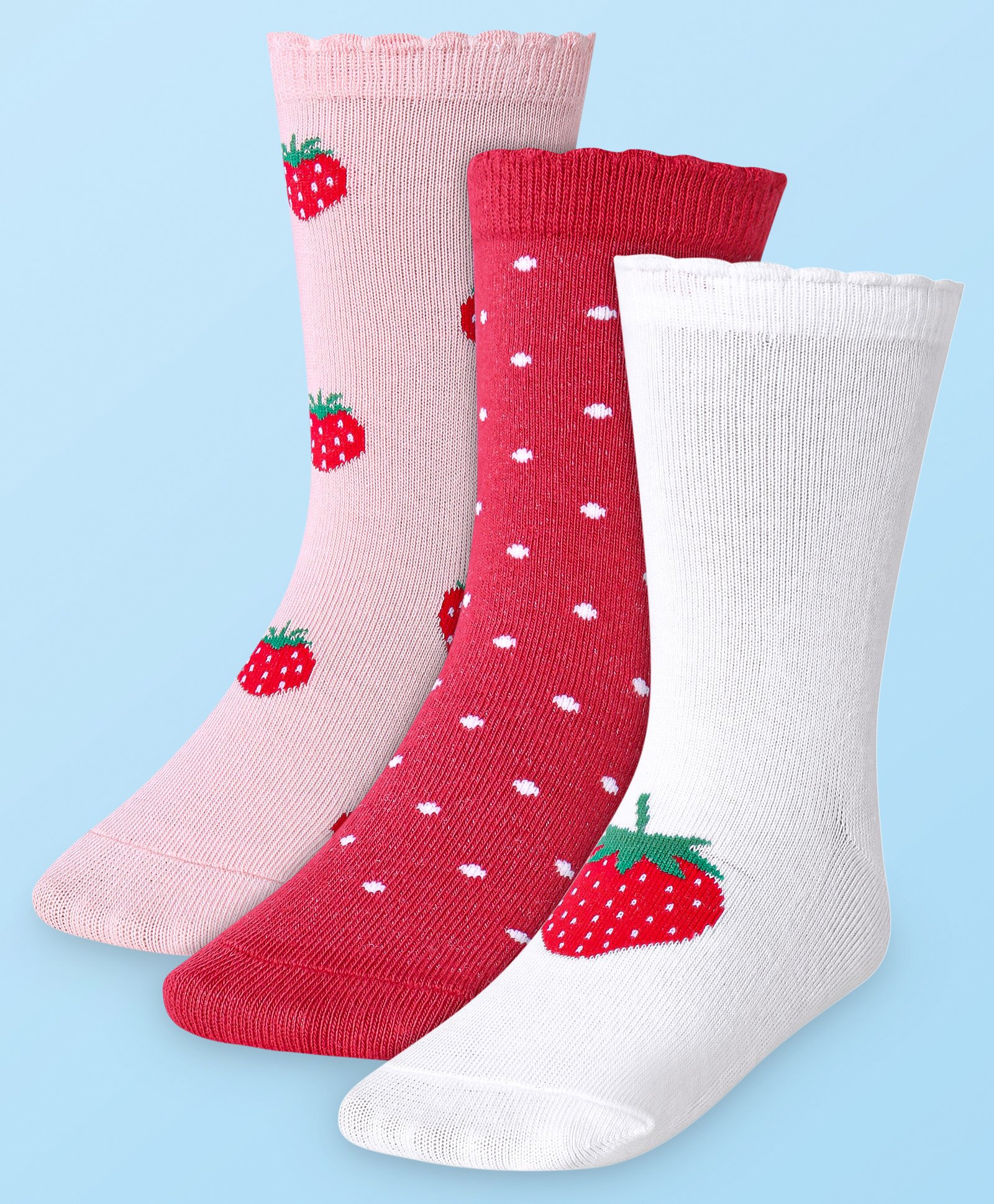 Cute Walk by Babyhug Cotton Lycra Knit Anti-bacterial Socks Polka Dots & Strawberry Design Pack of 3 - Pink White & Red-image-26