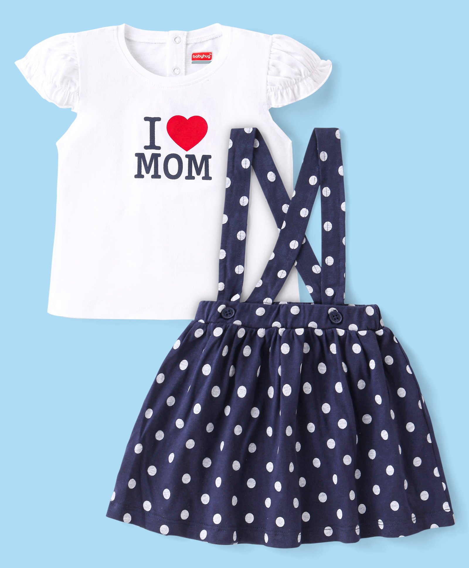 Babyhug Cotton Knit Cap Sleeves Top & Polka Dots Printed Skirt With Suspender - Navy & White-picture-13