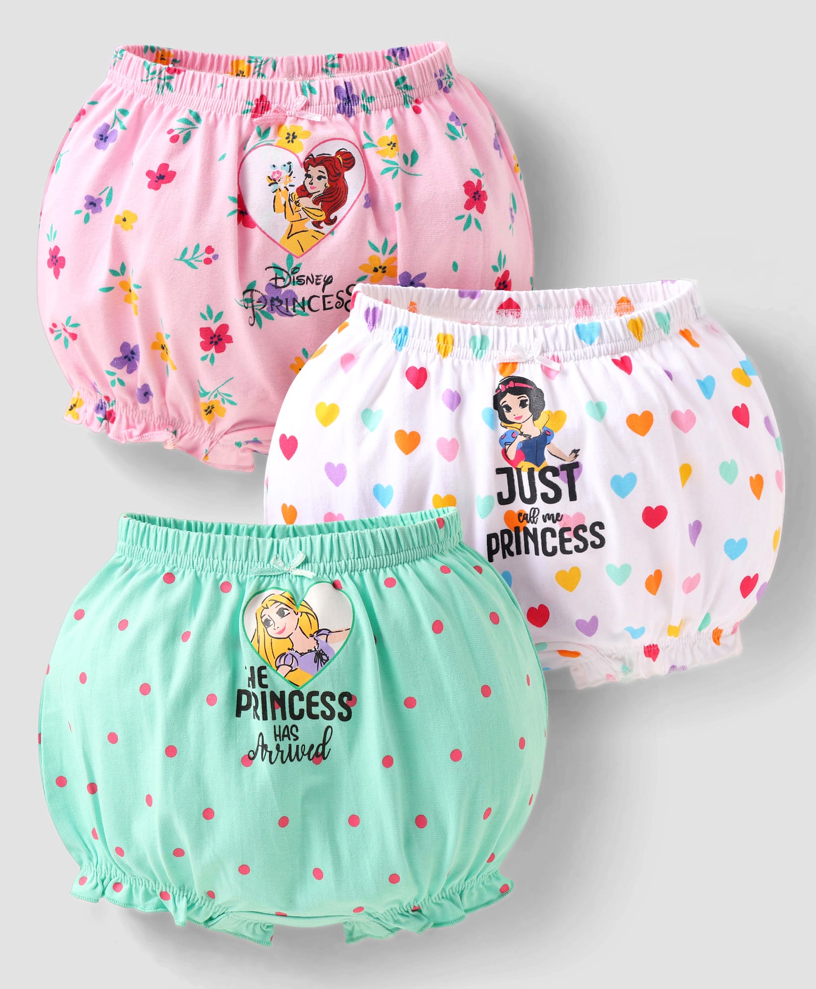 Babyhug Disney Lycra Knit Bloomers With Disney Princess Graphics Pack of 3 - Pink White & Blue-image-44