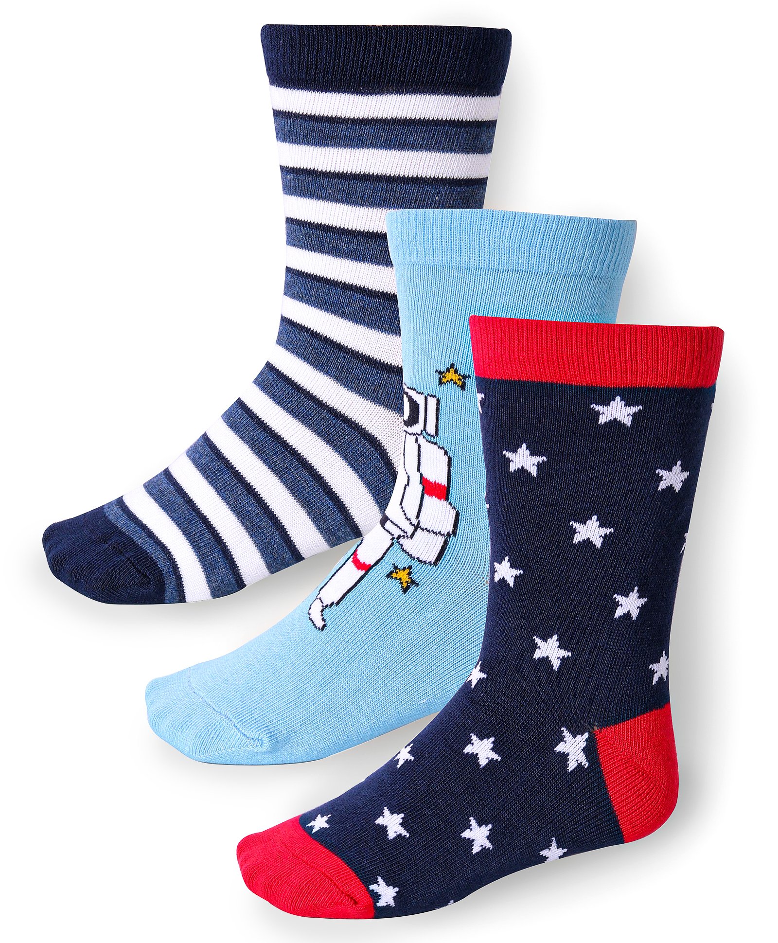 Cute Walk by Babyhug Cotton Lycra Knit Anti-bacterial Socks Strips Stars & Astronomer Design Pack of 3 - Black Light Blue & Red-image-17