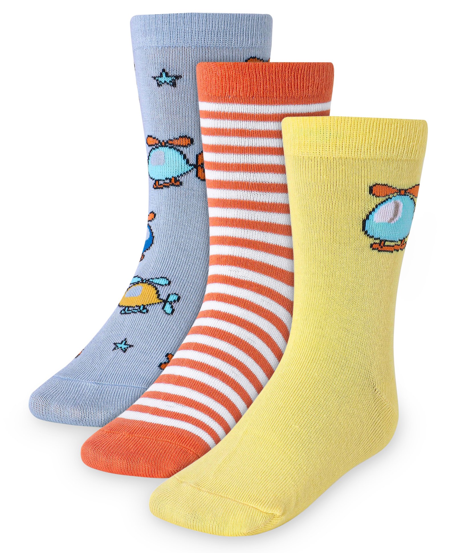 Cute Walk by Babyhug Cotton Lycra Knit Anti-bacterial Socks Strips & Helicopter Design Pack of 3 - Orange Yellow & Grey-picture-0