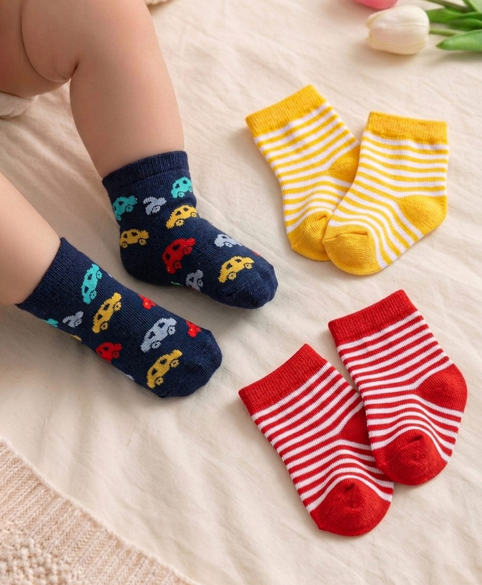 Cute Walk by Babyhug Knit Ankle Length Anti Bacterial Socks with Stripes & Car Design Pack of 3 - Red Yellow & Black-image-49