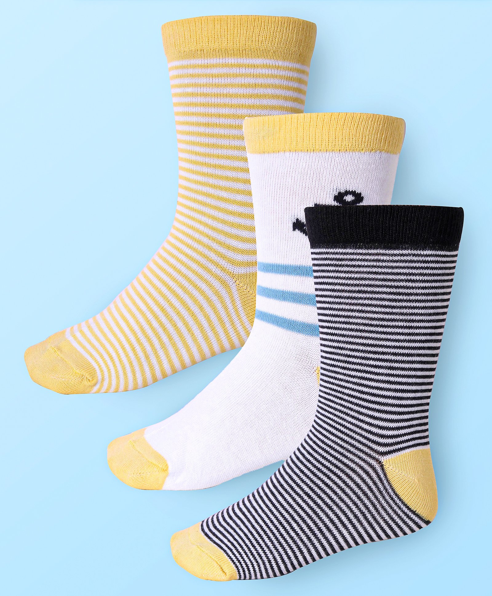 Cute Walk by Babyhug Cotton Lycra Knit Anti-bacterial Socks Strips Design Pack of 3 - Dark Yellow White & Black-image-43